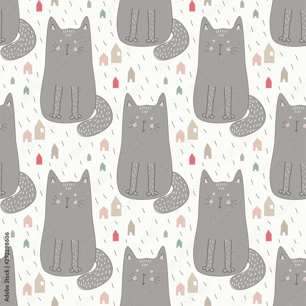 Doodle seamless pattern illustration for kid theme with funny cat