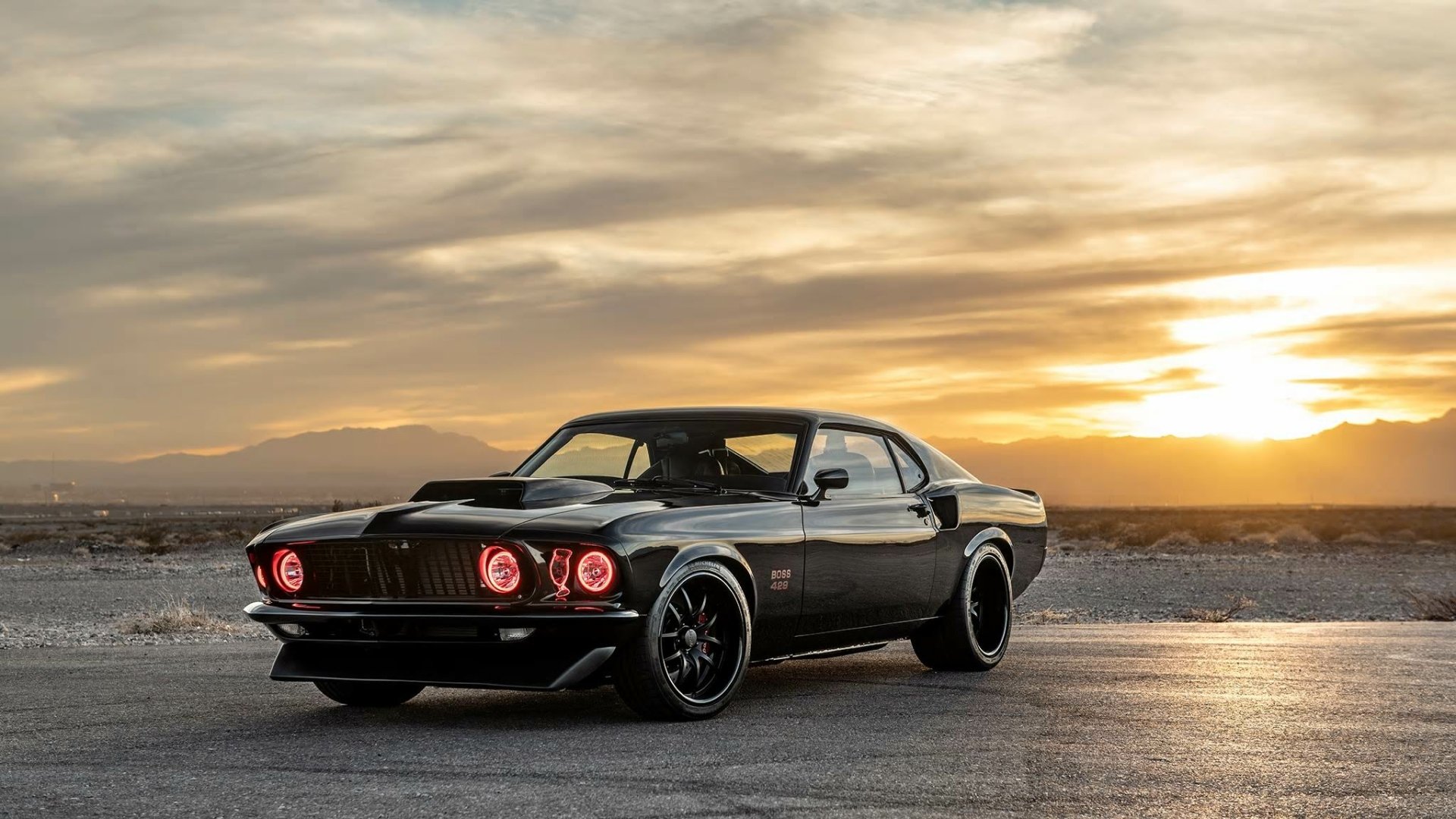 Black Ford Mustang Boss 429 at Sunset