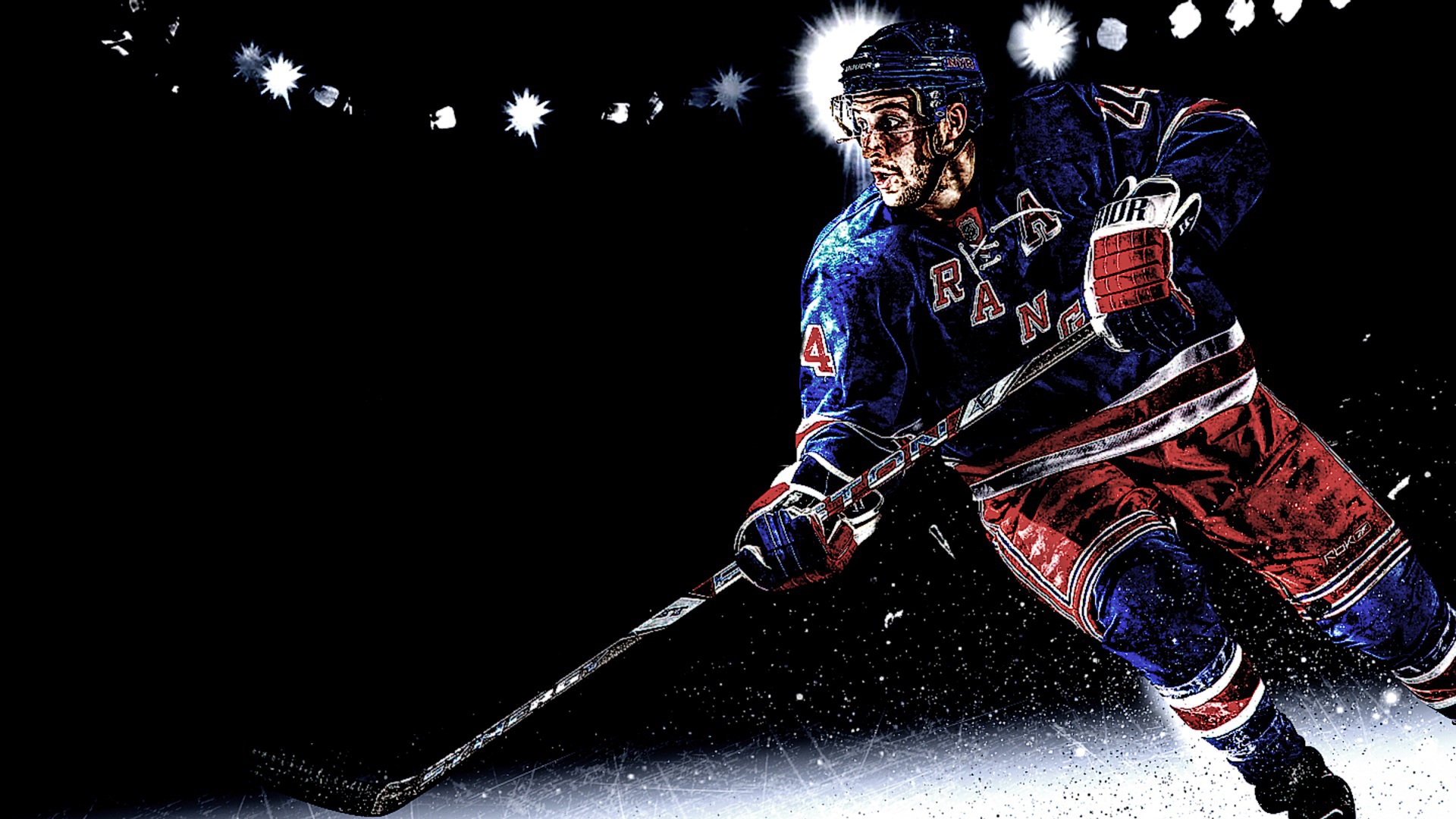 New York Rangers hockey player skating with the puck on a dark, icy rink