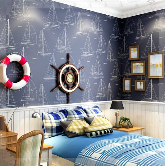 non woven wallpaper boys and girls bedroom blue sailboat wallpaper