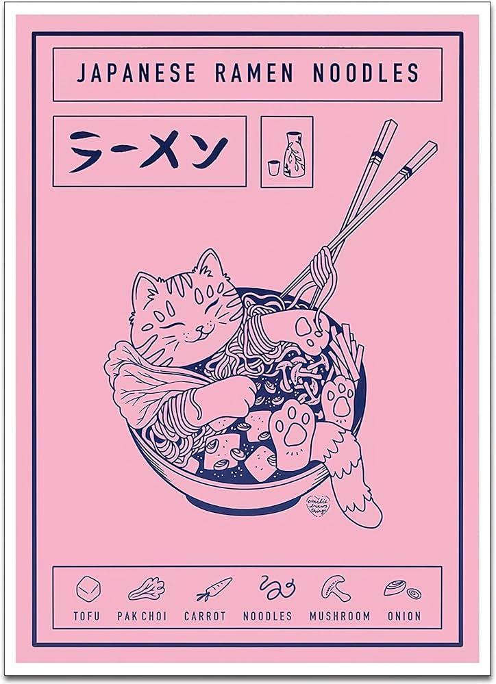Japanese Ramen Noodles Cat Poster Cute Pink Blue Cartoon Animals