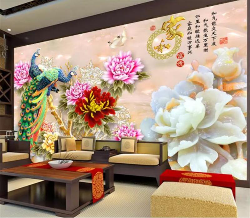 Custom Retail Peacock Home And Rich 3d Jade Carving Peony Indoor