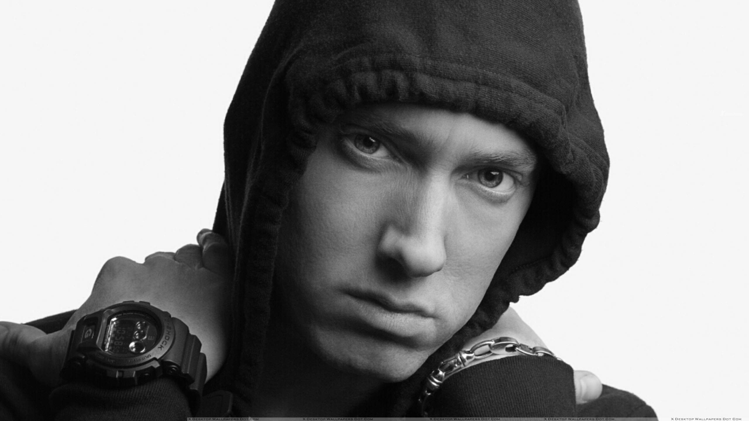 Eminem Face Closeup Hudd On Head Looking At Camera Wallpaper