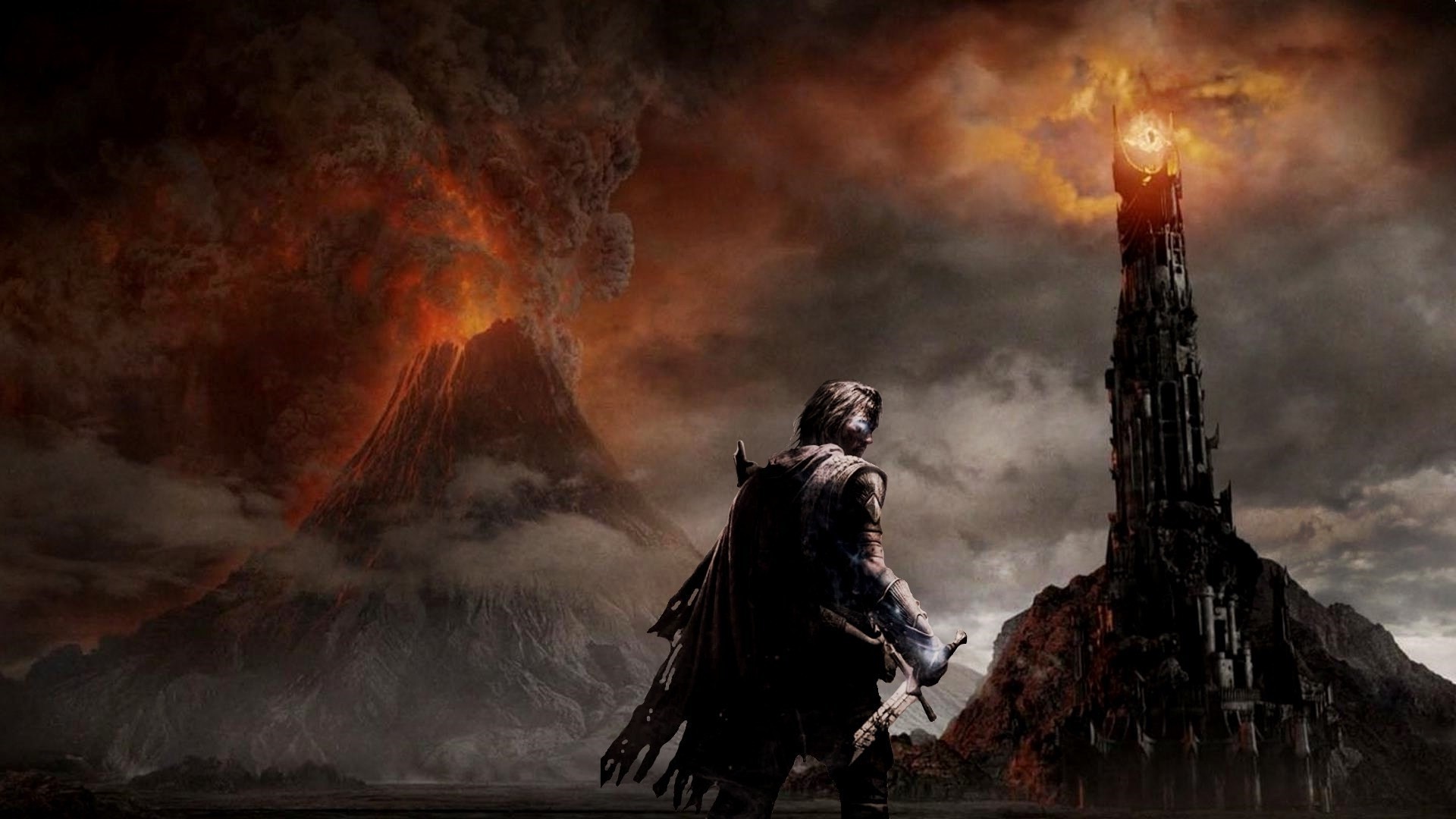 A lone warrior stands against a backdrop of an erupting volcano and the ominous Barad-dûr tower in a dramatic Lord of the Rings scene