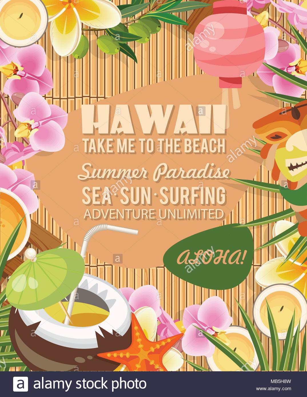 Hawaii Vector Travel Illustration With Colorful Background Summer