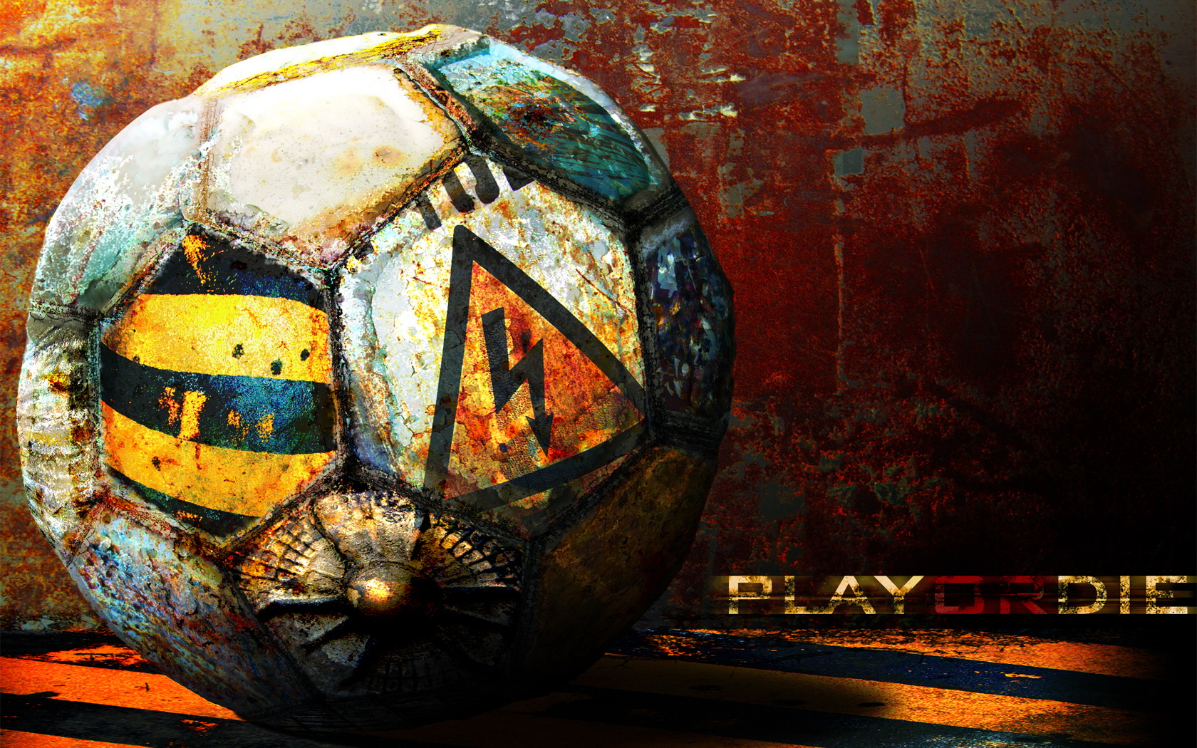 Grunge Soccer Ball with Warning Sign: Play or Die