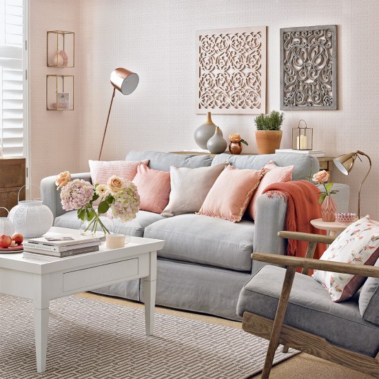 Modern peach and grey living room with fretwork panels housetohome