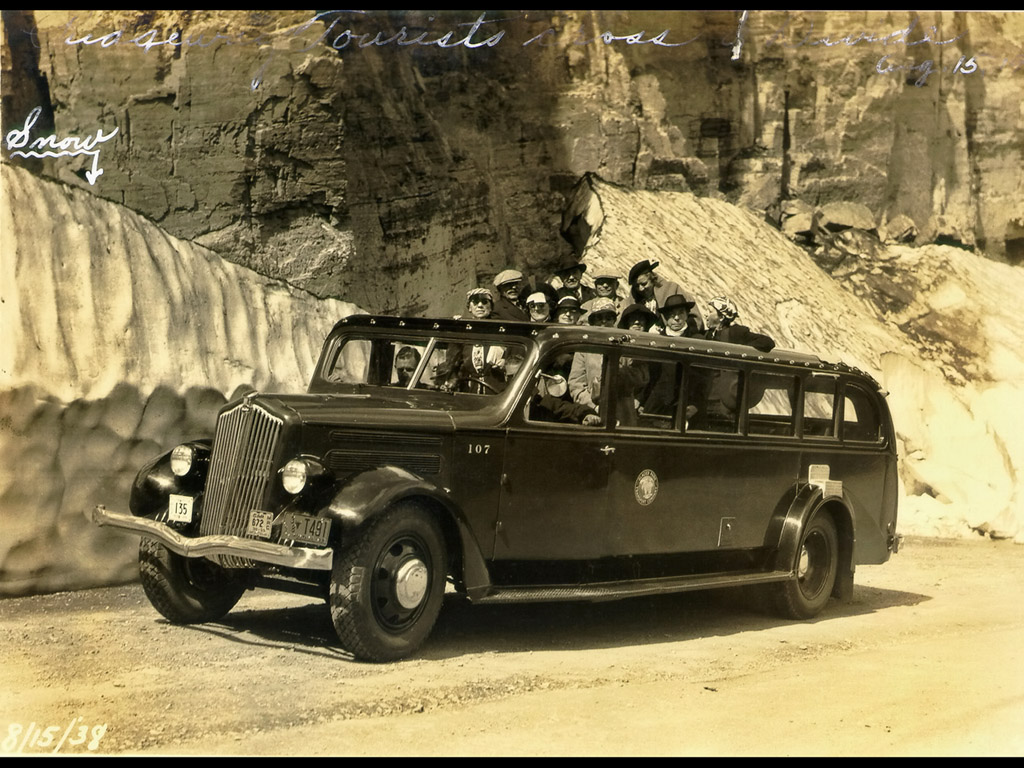1930s White Glacier National Park Red Bus Tourists