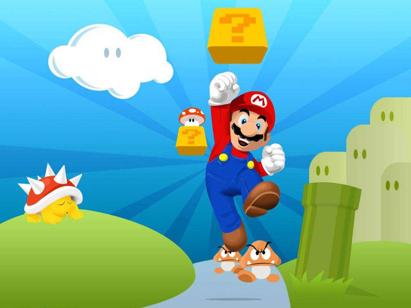 Super Mario jumping over Goombas in a whimsical landscape