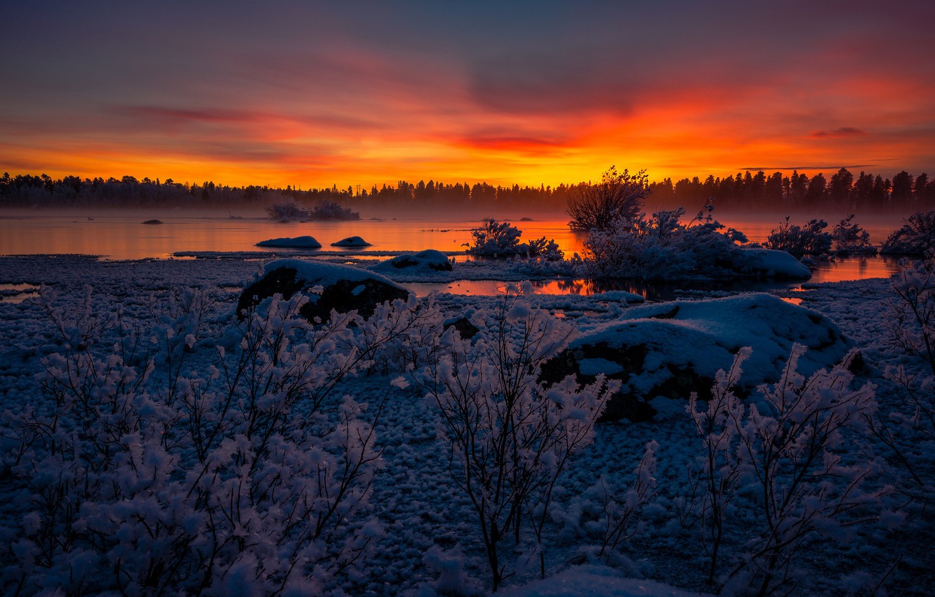 Wallpaper Winter Sunset River Sweden Frozen Lapland
