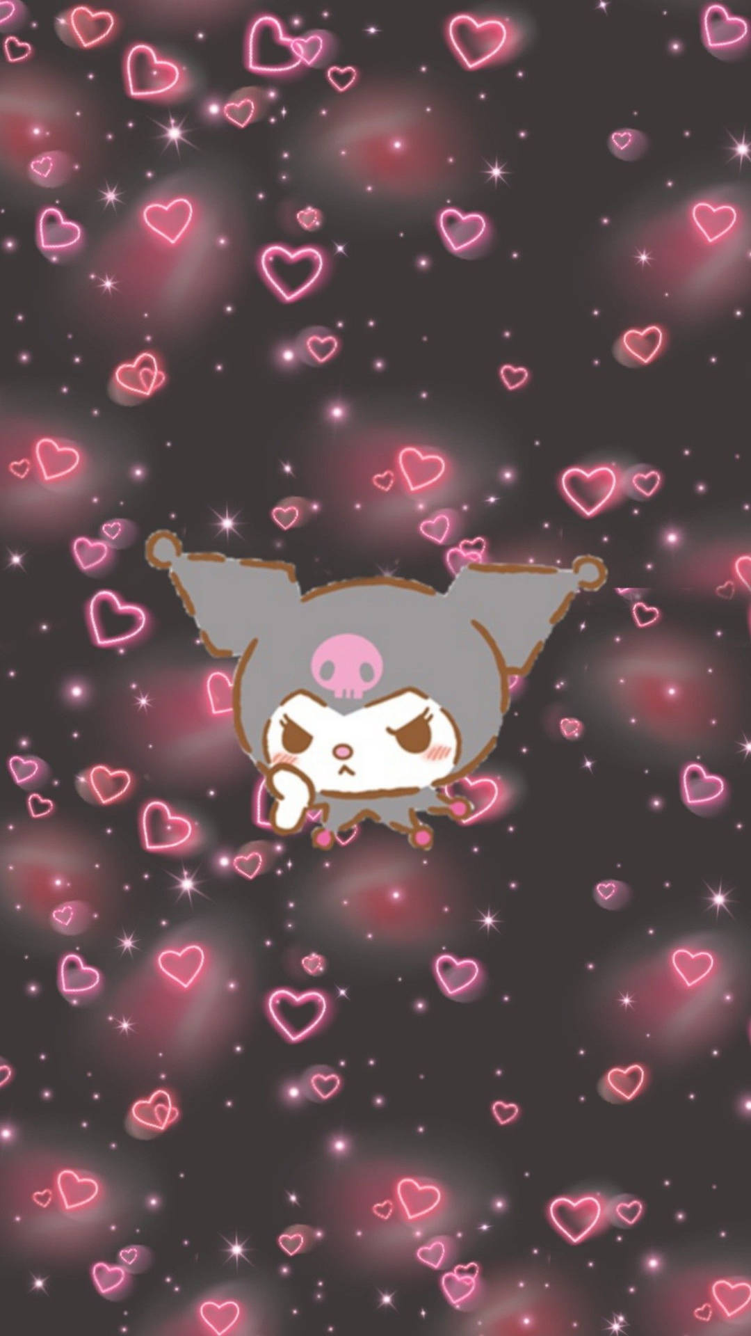 A Kuromi wallpaper with a dark background and pink neon hearts, suitable for 4k PC displays