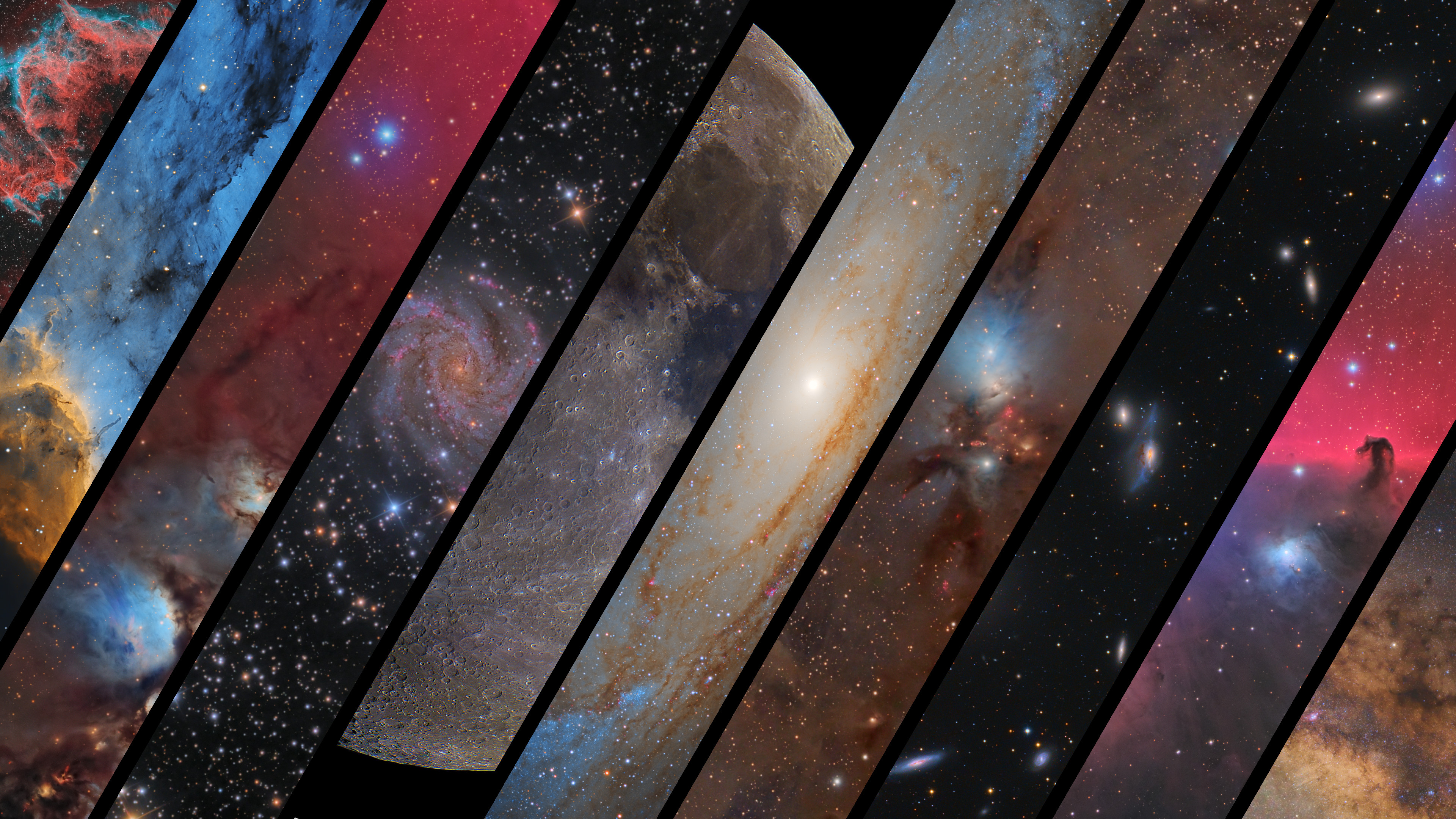 A collage of 4k space wallpapers featuring nebulae, galaxies, the Moon, and other celestial objects