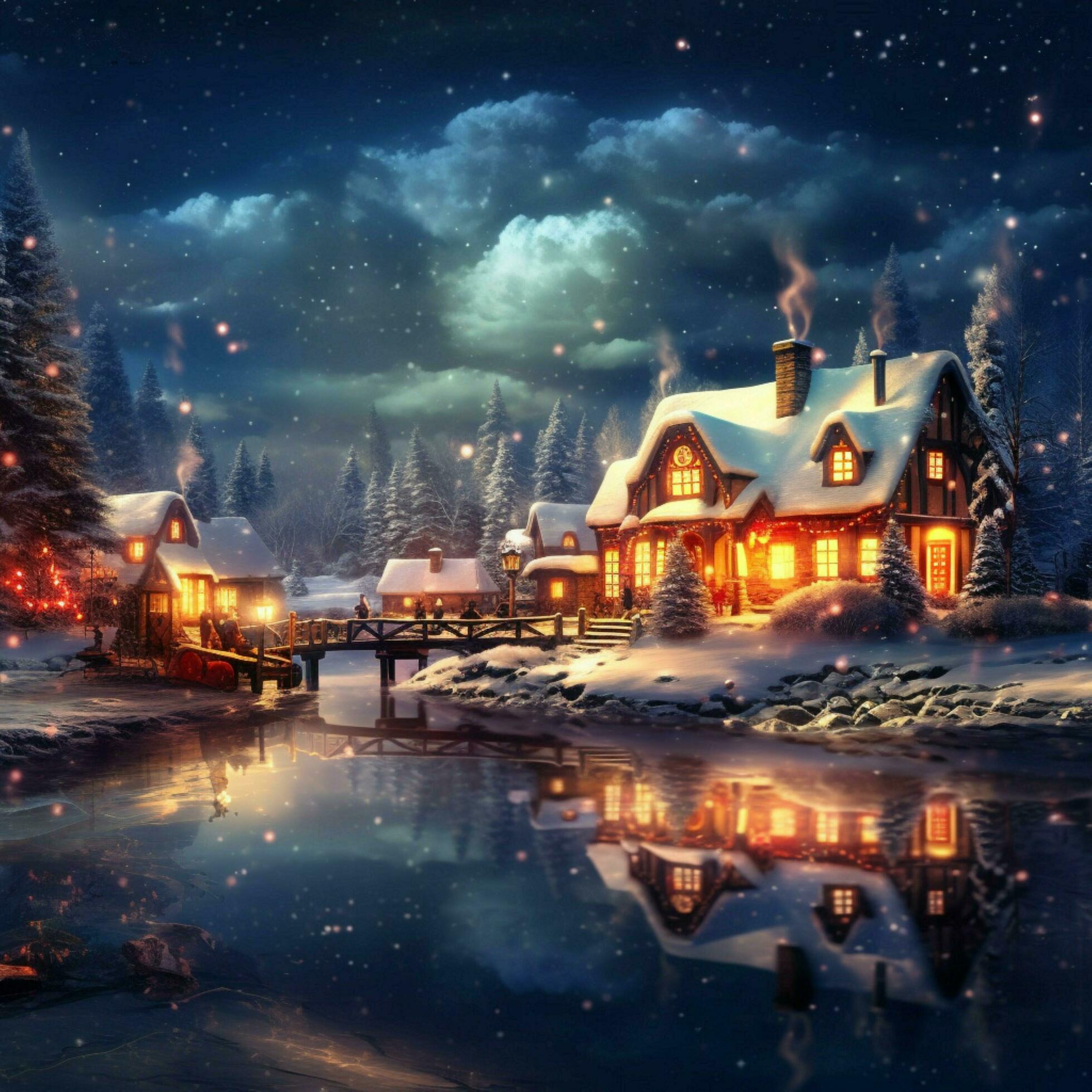 A charming, snow-covered village at Christmas time, complete with twinkling lights, festive decorations, and a picturesque reflection in the calm river. Perfect for a preppy Christmas aesthetic