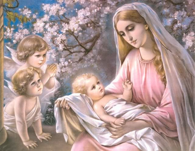 Born Baby Jesus With Mother Mary And Child Angels Smiling At Trees