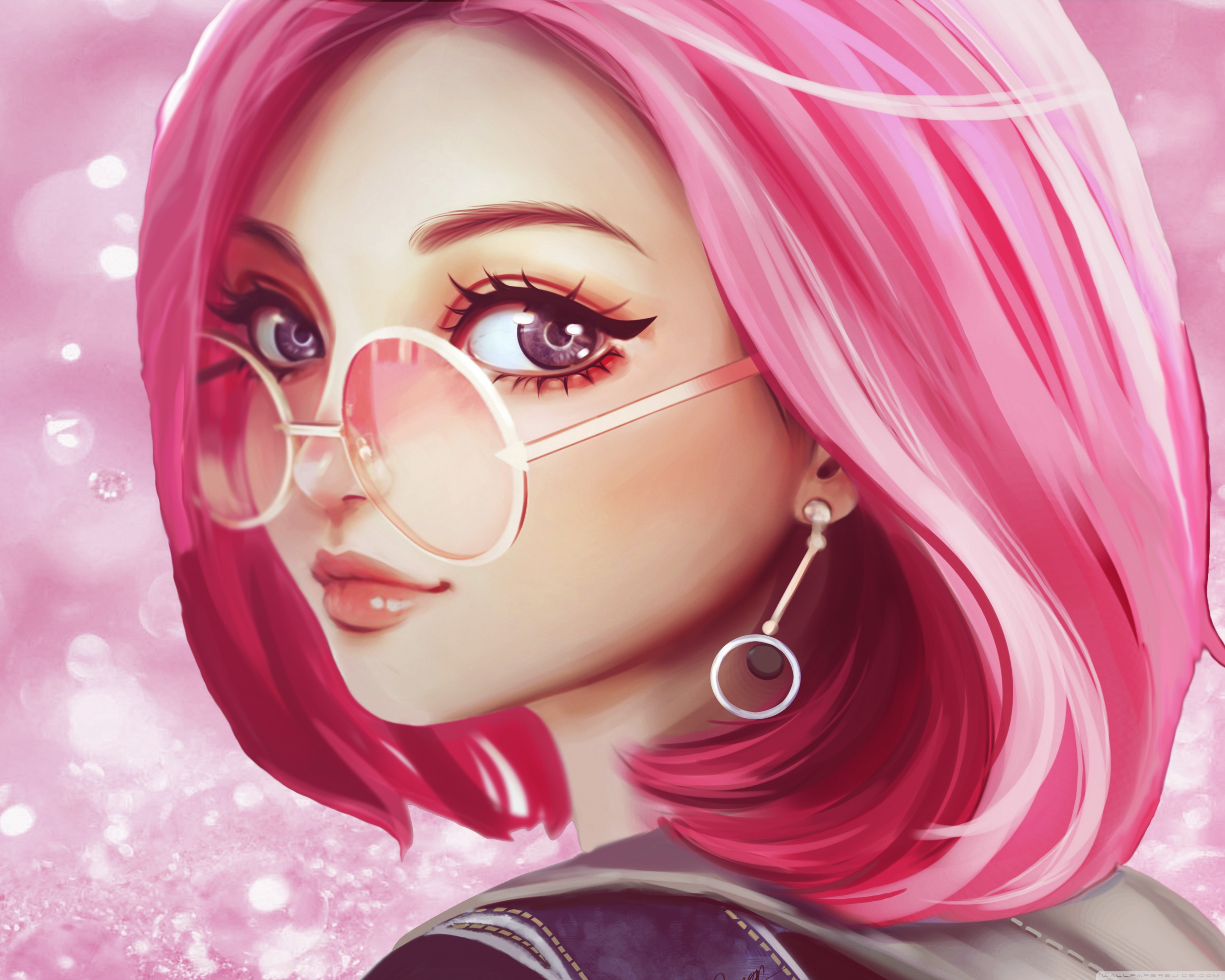 Cute Girl Pink Hair Sunglasses Digital Art Drawing Ultra HD
