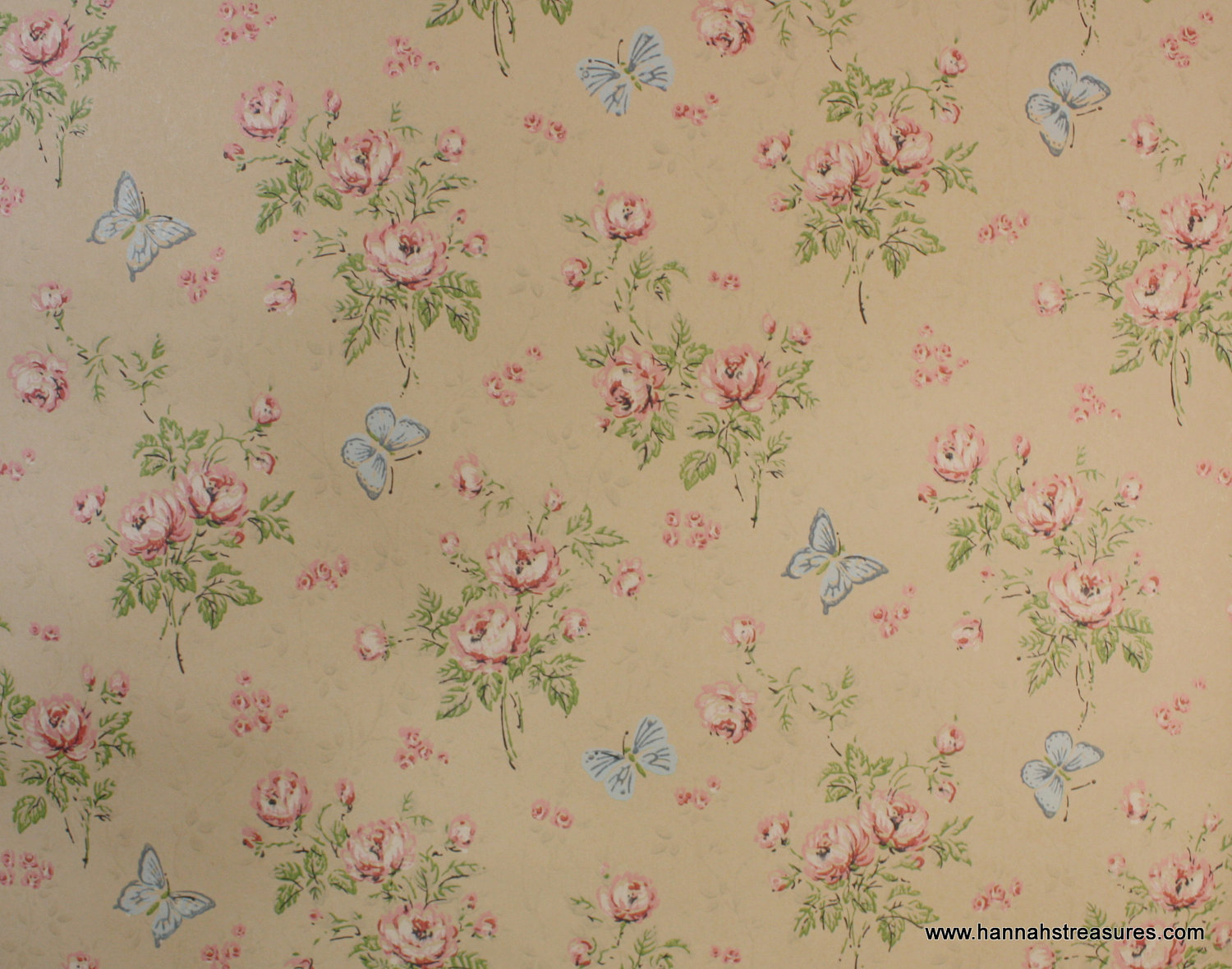 S Vintage Wallpaper Pink Roses And Blue By Hannahstreasures