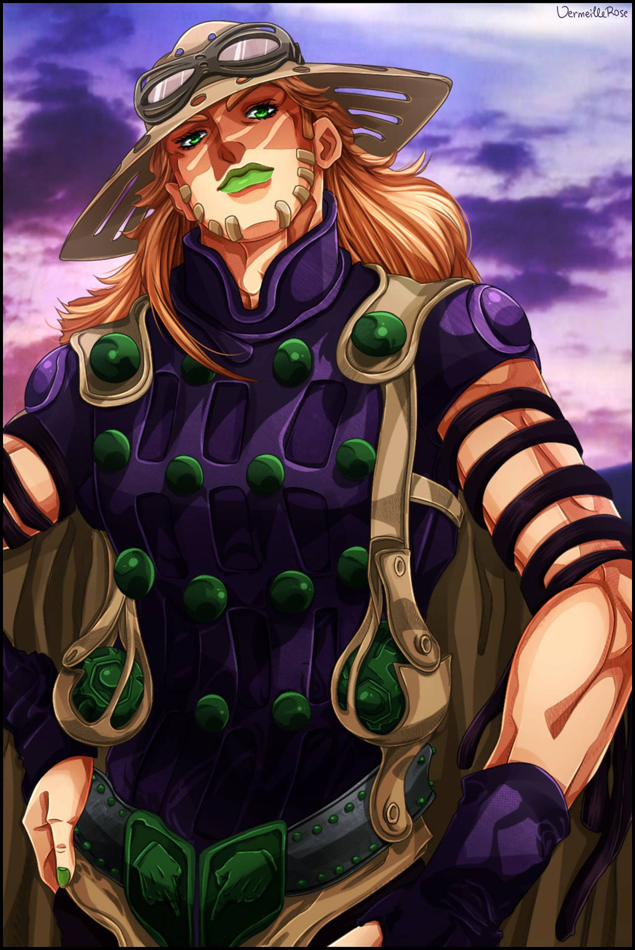 Gyro Zeppeli from JoJo's Bizarre Adventure: Steel Ball Run, posing confidently against a dramatic sunset backdrop. He wears his distinctive aviator hat and purple and beige outfit, adorned with green circular details