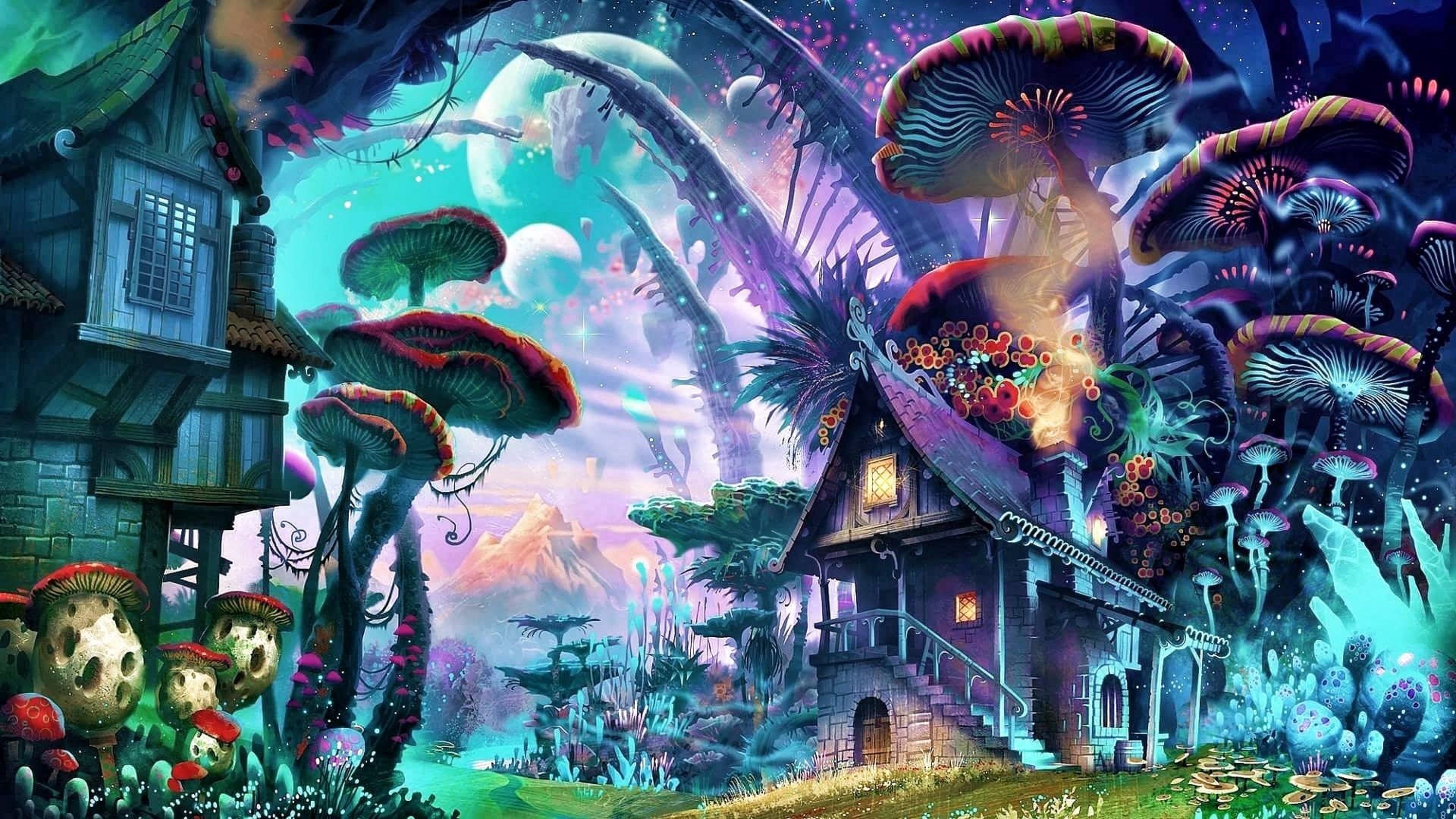 Art Mushrooms Mushroom House Tree Psychedelic