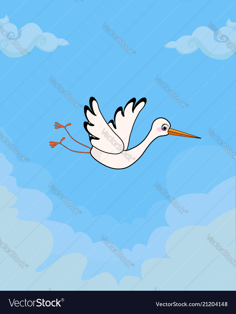 Cartoon flying stork on blue cloudy sky background 813x1080