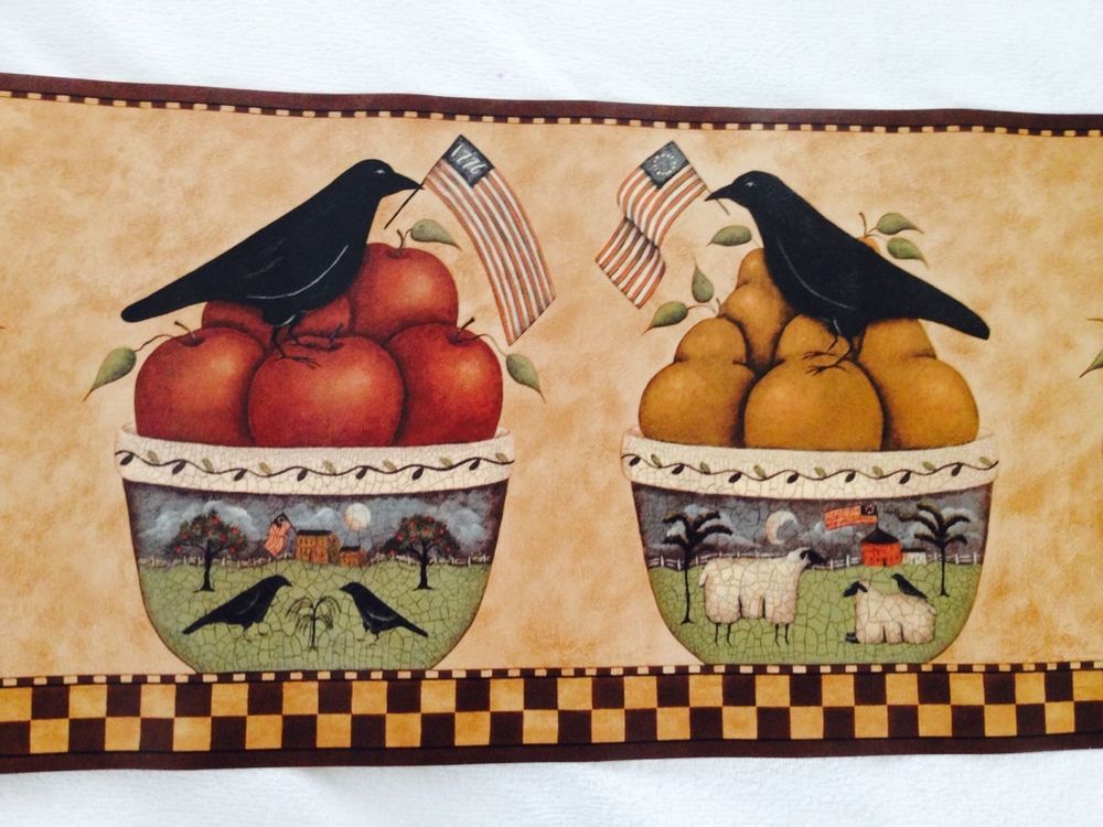 Primitive Country Kitchen Border With Bowls Crows Cows Sheep Fruit
