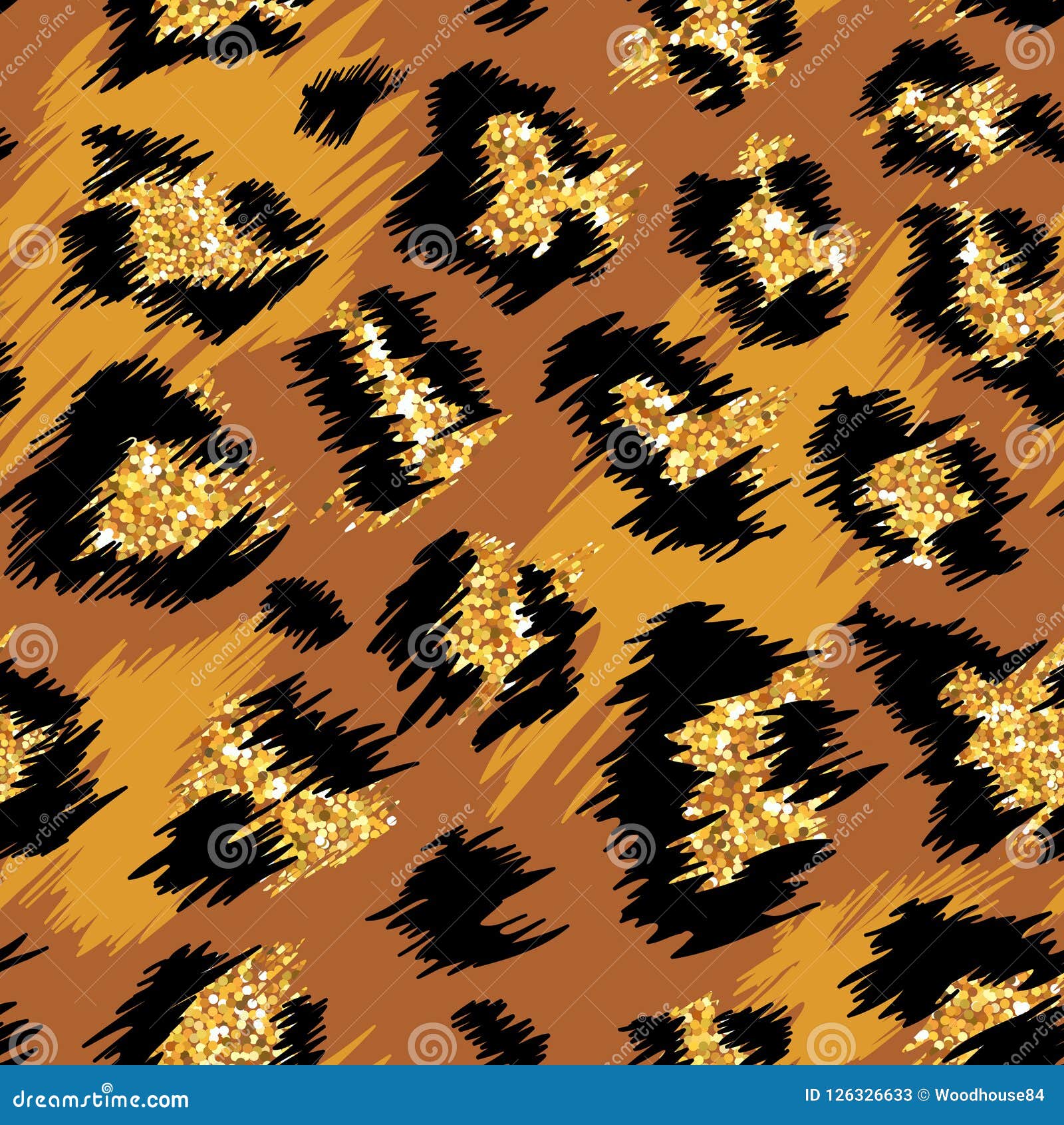 Seamless glitter leopard print pattern on a gold background. Shiny golden spots on a leopard skin texture. Glamorous and fashionable design for wallpaper, fabric, or other applications