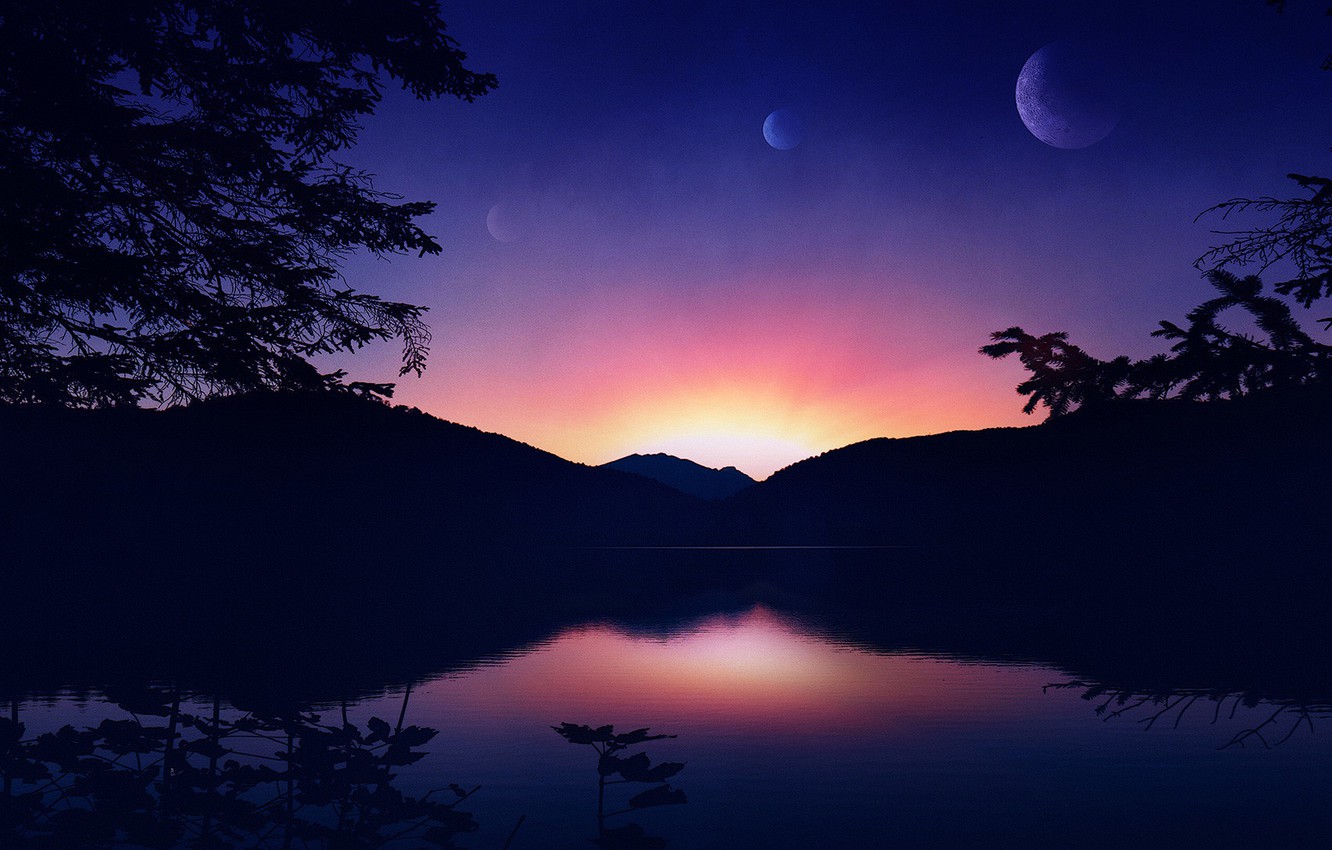Wallpaper Sunset Water Reflection Mountains Lake Trees The