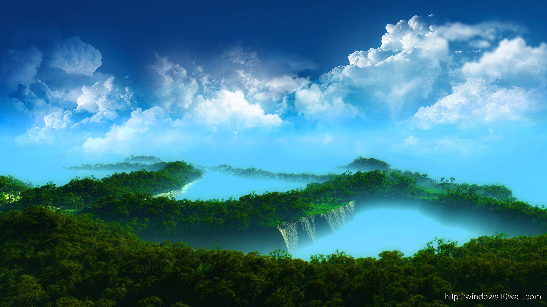 Lush green islands with waterfalls in a tranquil blue ocean under a cloudy sky