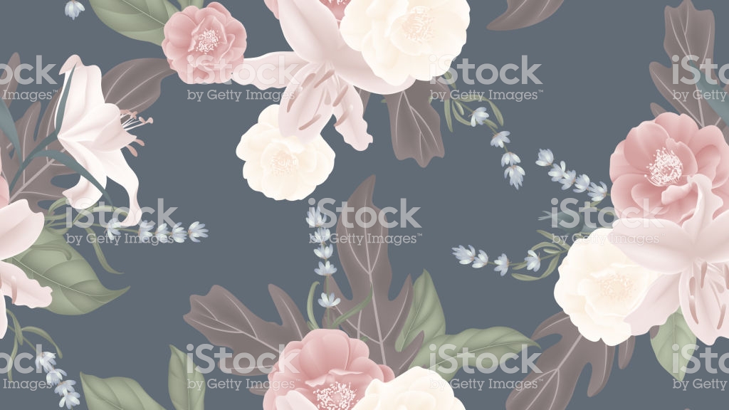 Floral Seamless Pattern Rose Lily Lavender With Leaves On Matted