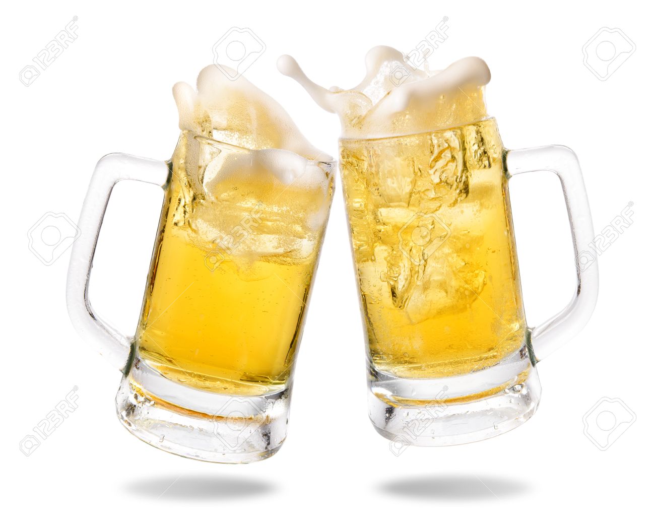 Cheers Cold Beer With Splashing Out Of Glasses On White Background
