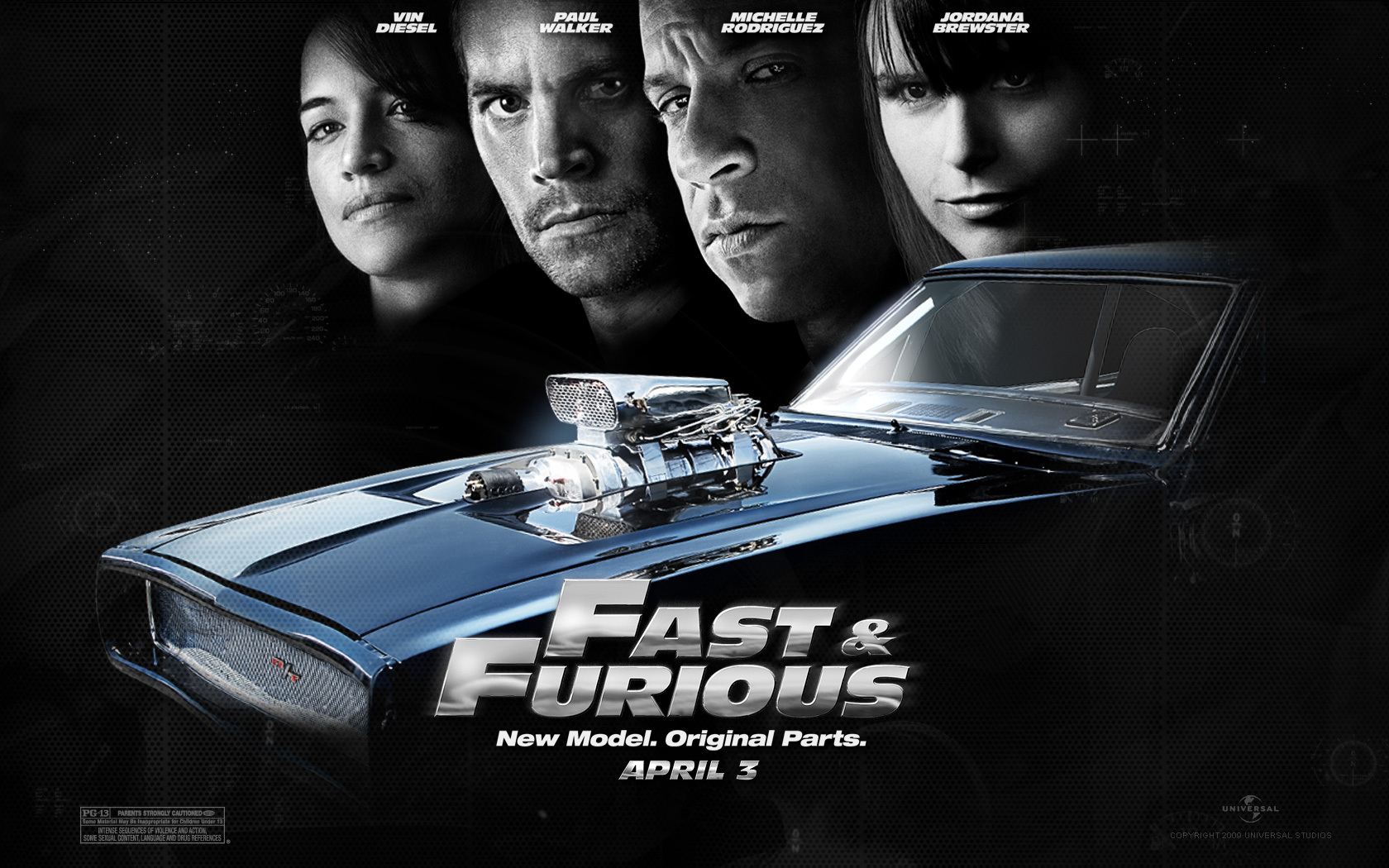 Fast & Furious Movie Poster featuring Vin Diesel, Paul Walker, Michelle Rodriguez, Jordana Brewster, and a 1970 Dodge Charger