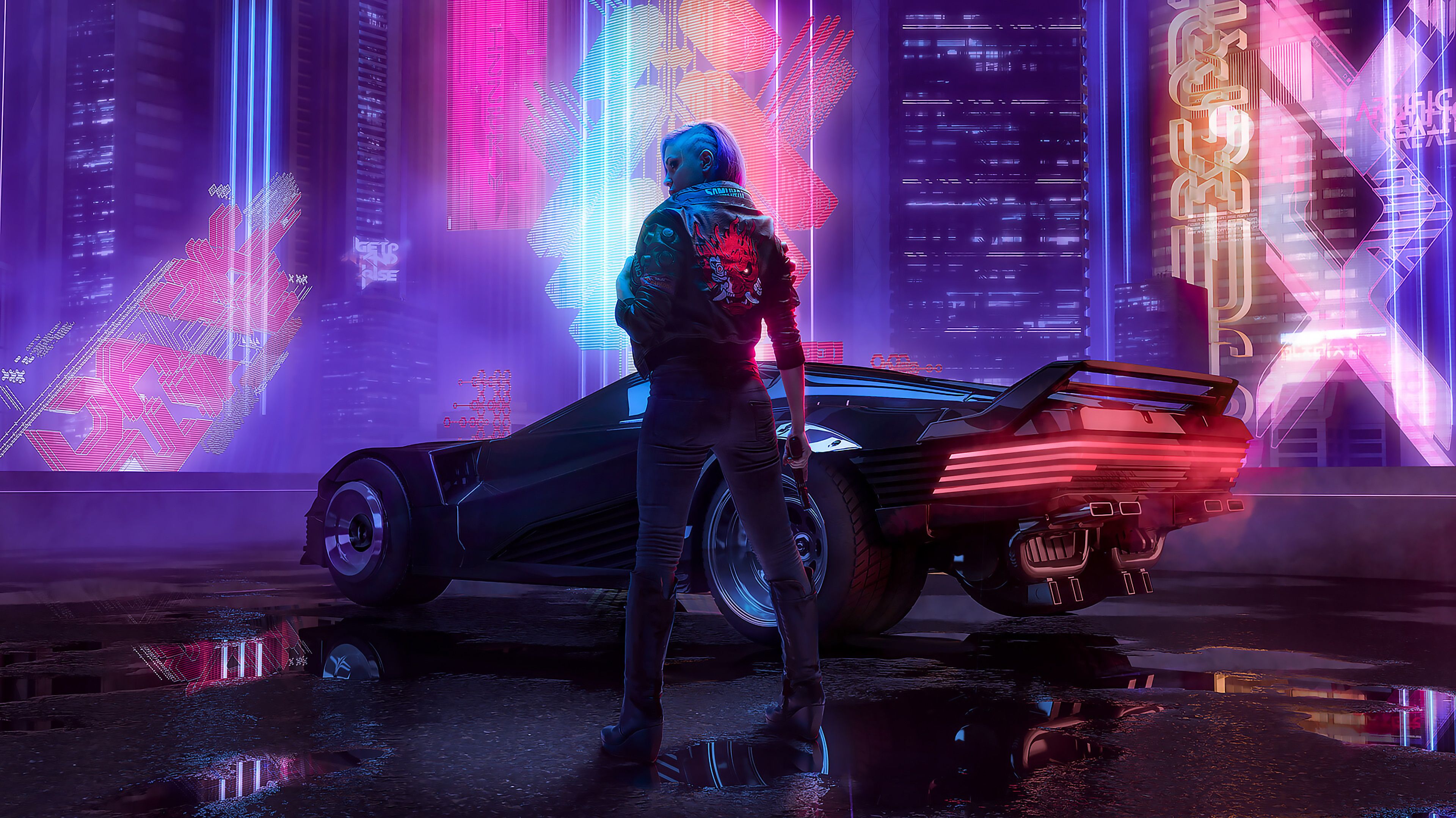A stylish woman stands confidently beside a futuristic car in a neon-lit cityscape, a scene reminiscent of cyberpunk or synthwave aesthetics