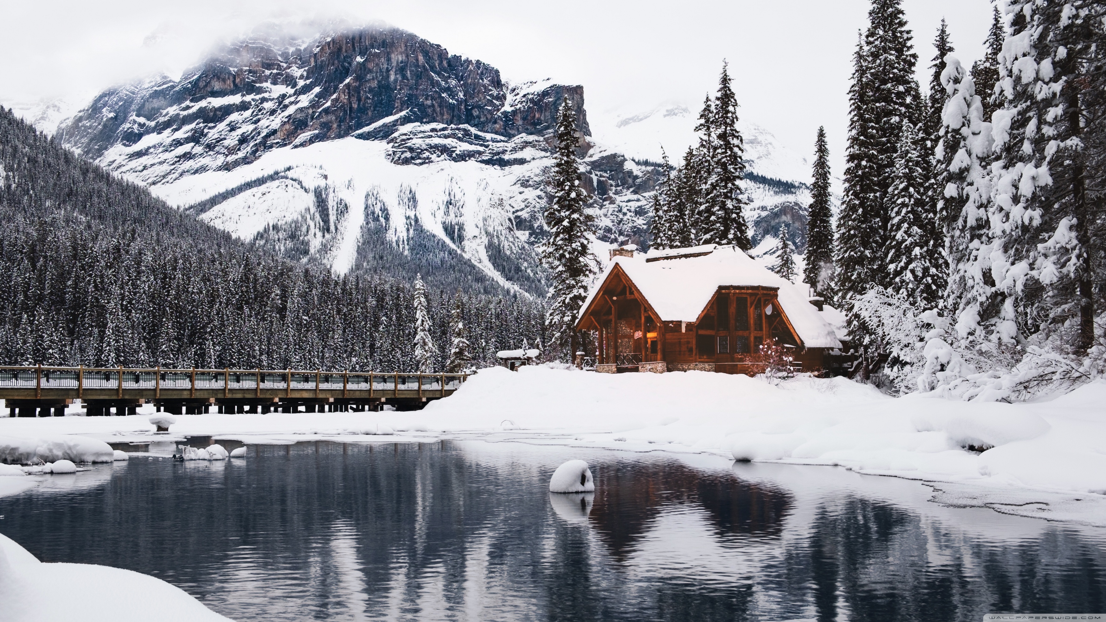 Rustic Cottage Lake Mountain Winter Snow Ultra HD Desktop