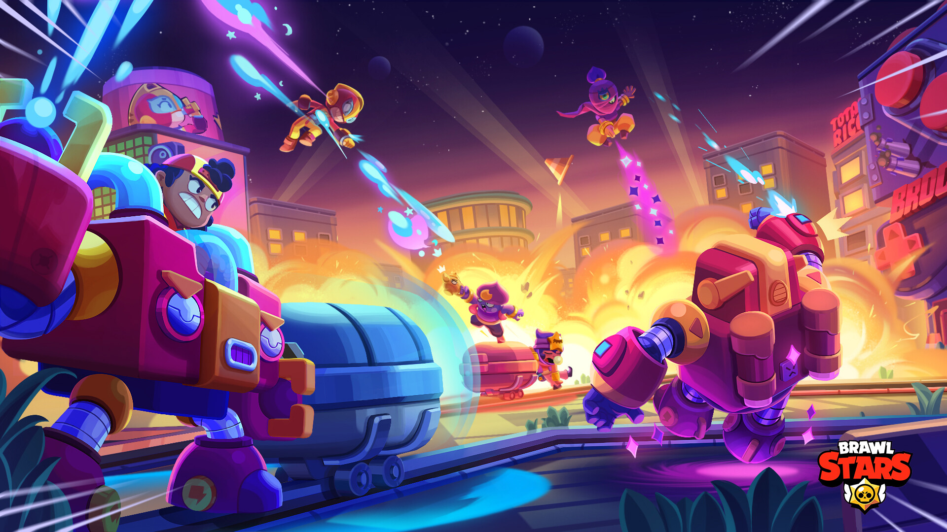 Dynamic Brawl Stars wallpaper featuring action-packed gameplay with brawlers, mechs, and explosions in a vibrant cityscape