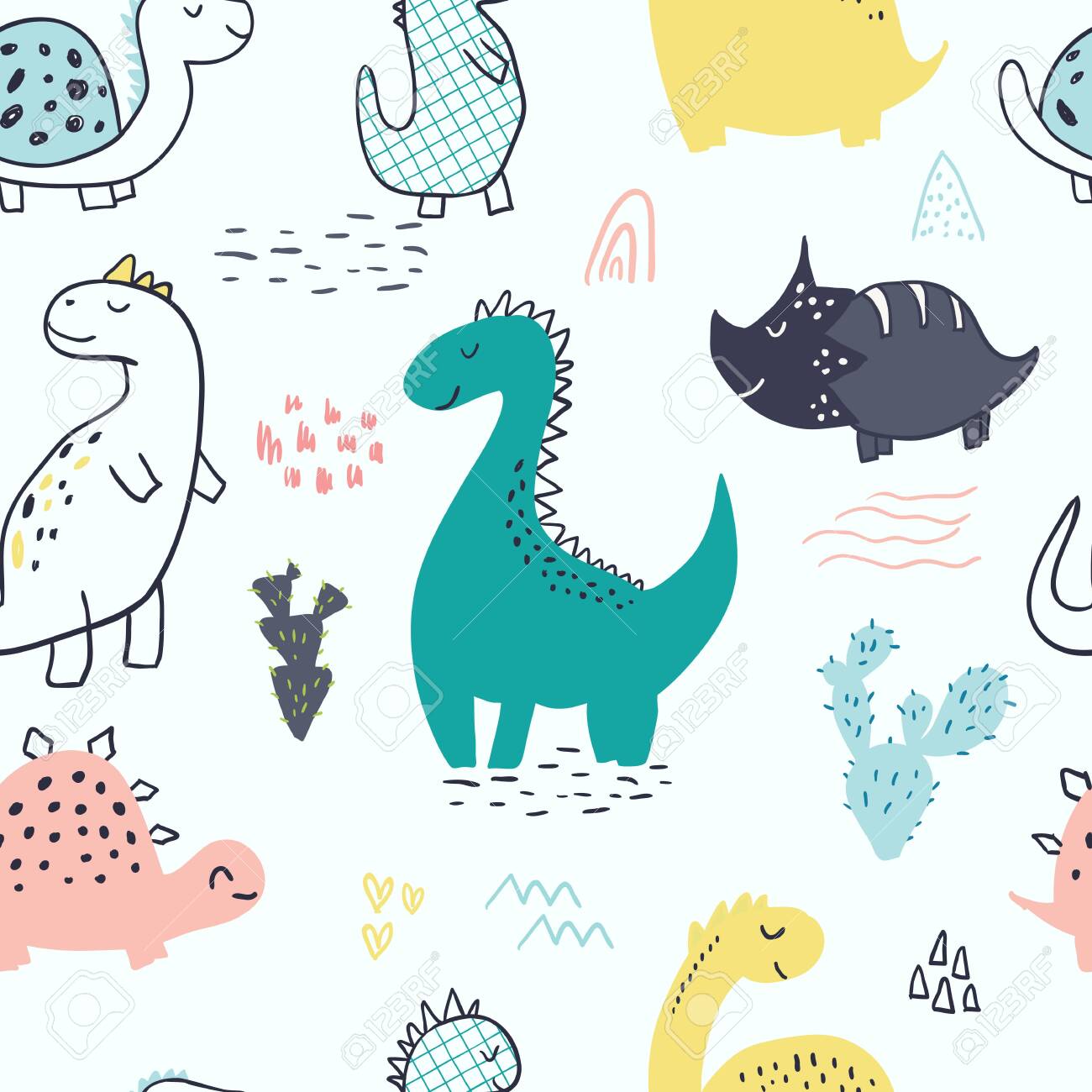 Seamless Pattern With Cute Hand Drawn Dinosaurs For Baby And Kids