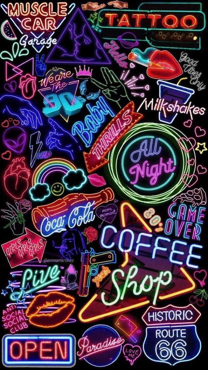 90s Inspired Neon Signs On A Black Cute Wallpaper