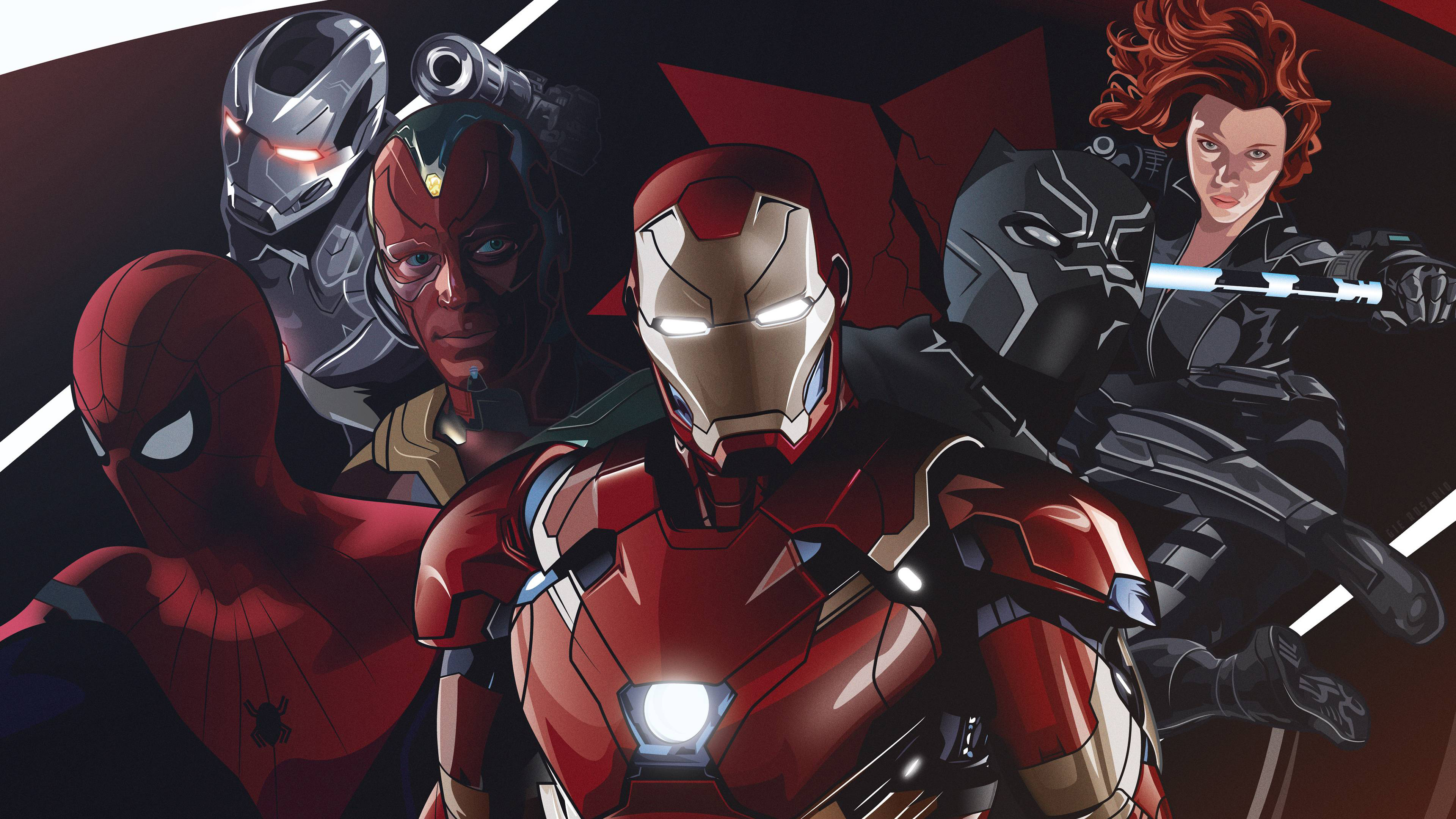 Stylized 4K wallpaper featuring Marvel superheroes Iron Man, Spider-Man, Vision, War Machine, Black Panther, and Black Widow