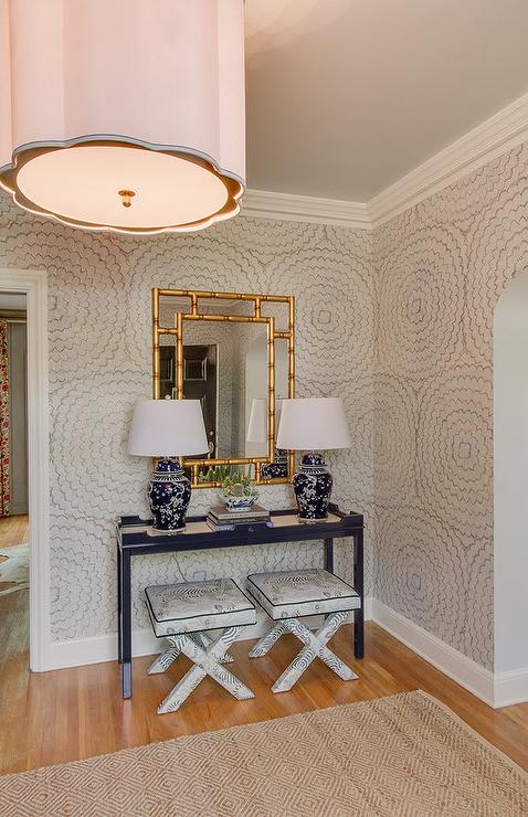 Navy Console Table with Gold Bamboo Mirror Transitional Entrance
