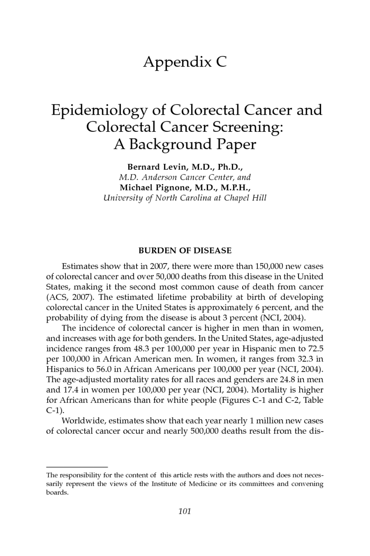Appendix C Epidemiology Of Colorectal Cancer And