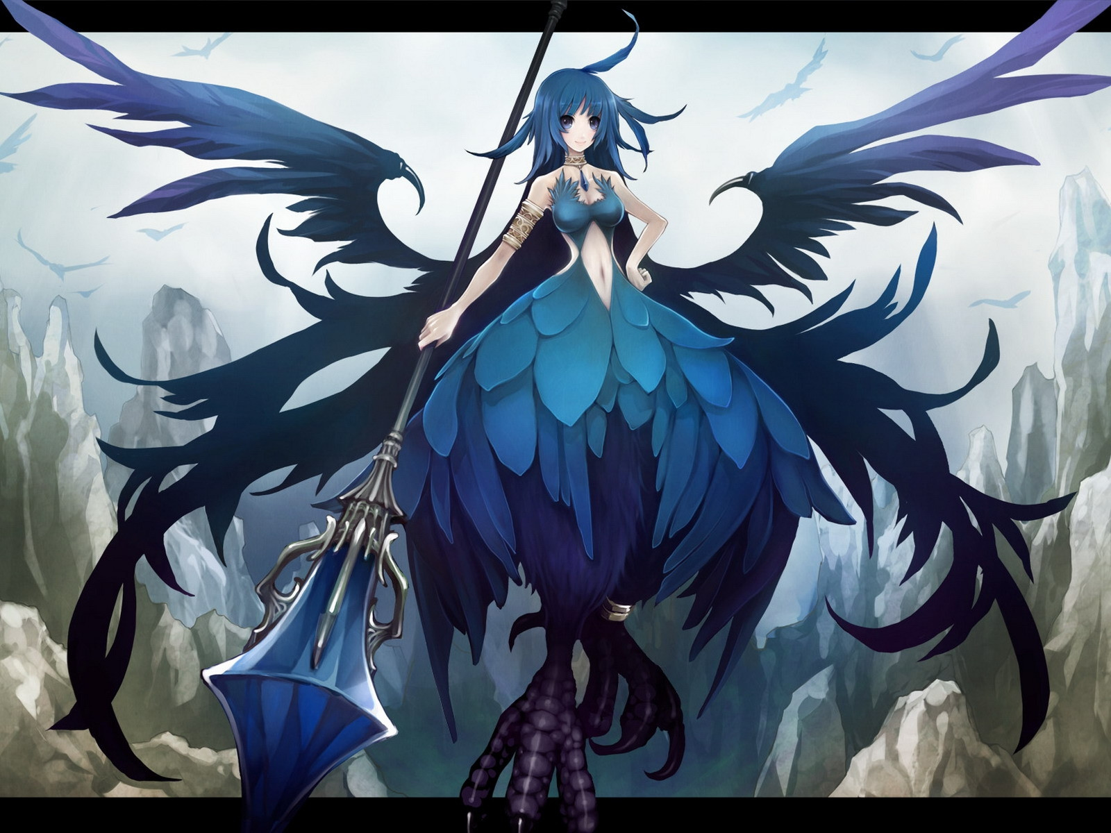 A cool anime wallpaper featuring a female character with dark blue hair and feathered wings and dress, holding a spear-like weapon