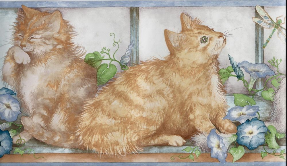 Country Cats In The Window Morning Glories Wallpaper Border
