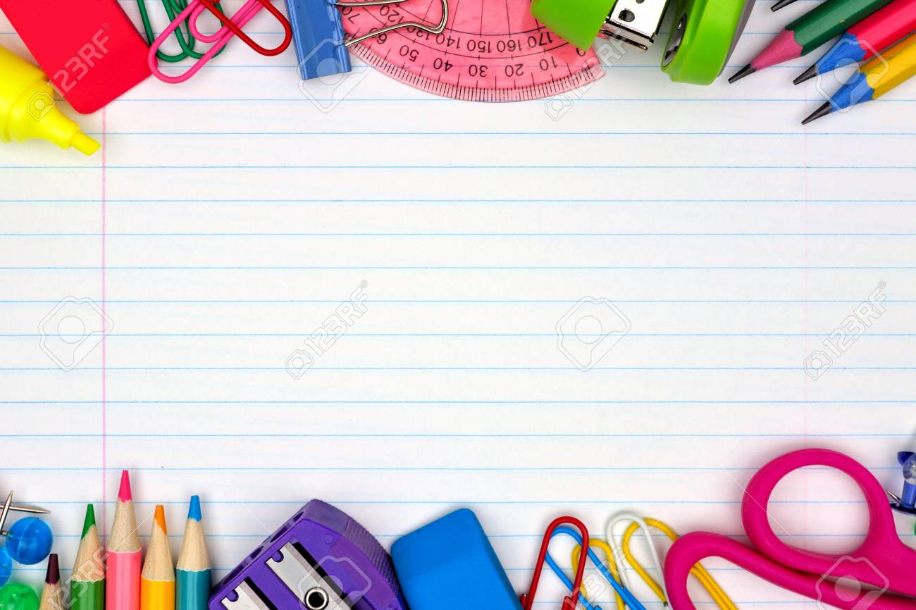 Colorful School Supplies Double Border Over A Lined Paper
