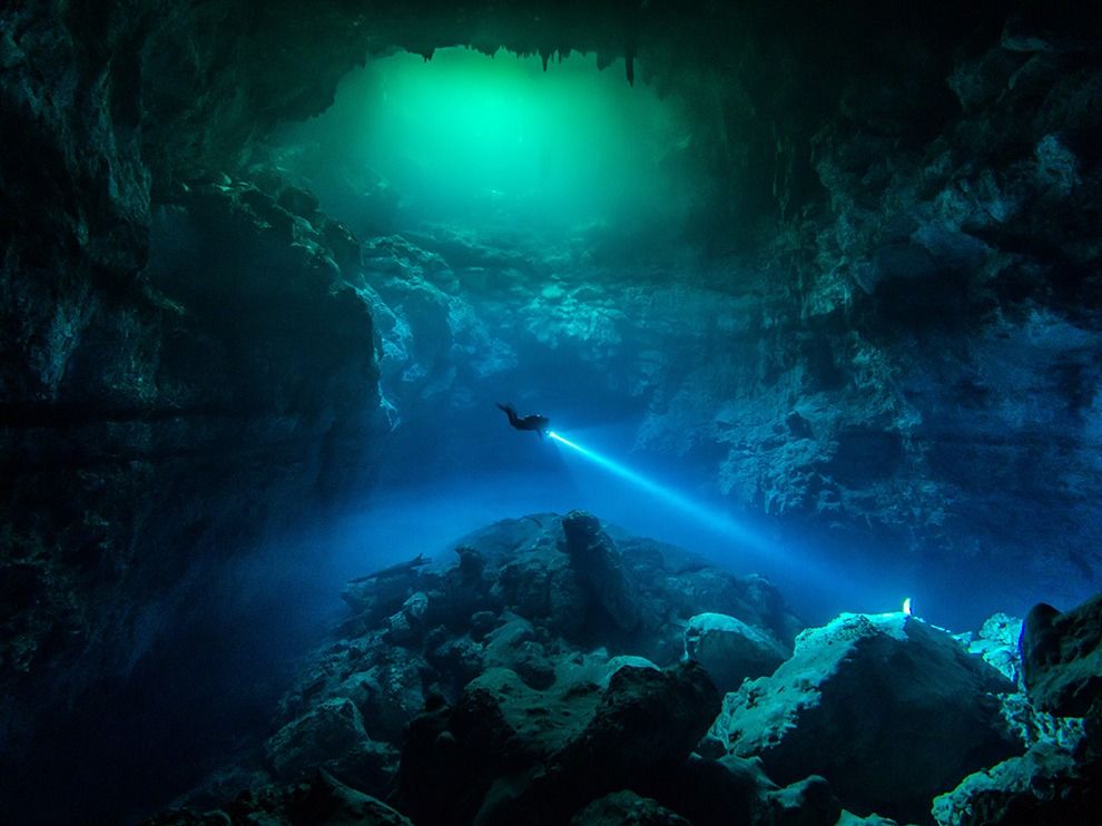 Emerald Hued Water Ensconces A Cenote Diver In Tulum Mexico