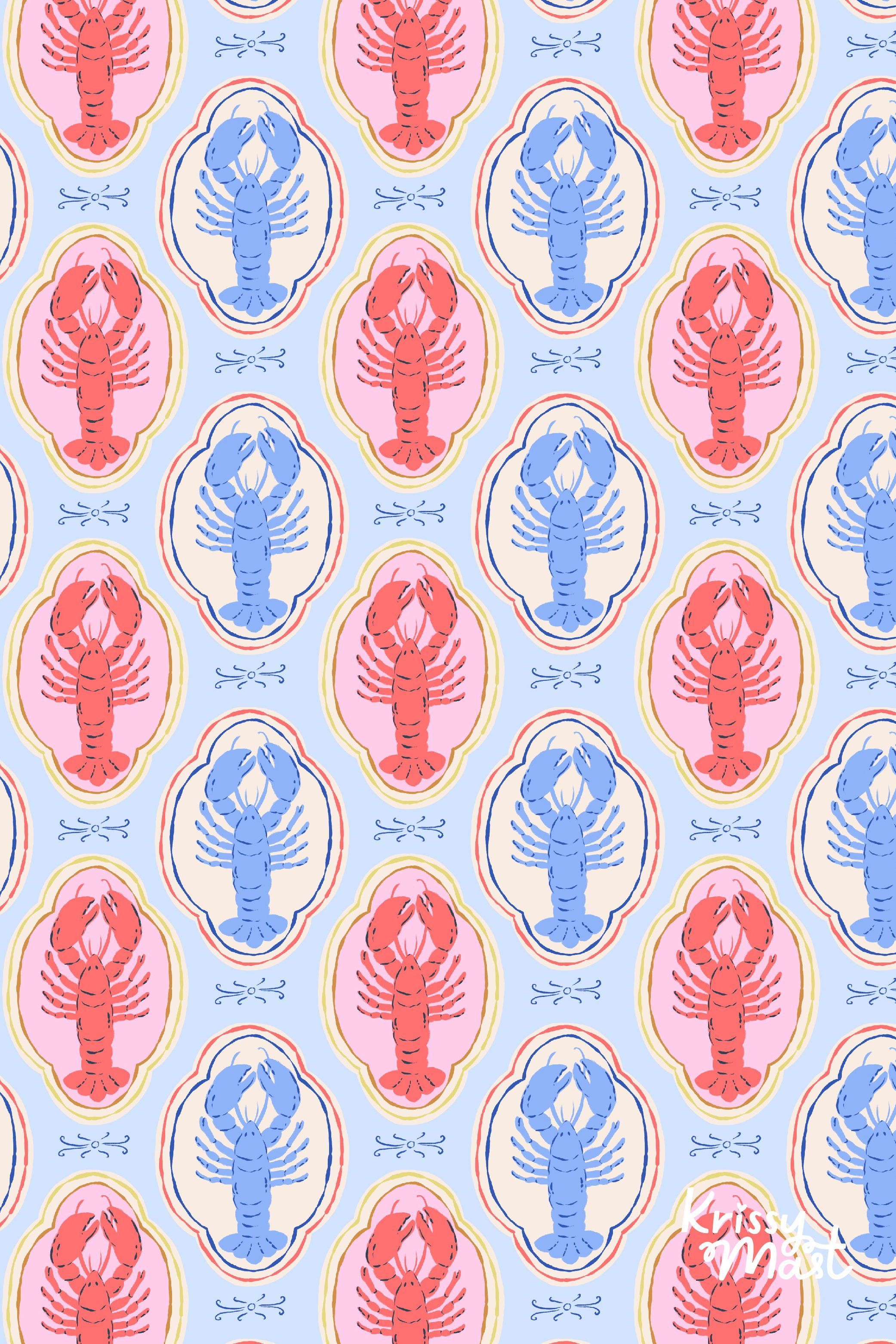 Lobster Pattern In Blue Red And Pink Wallpaper