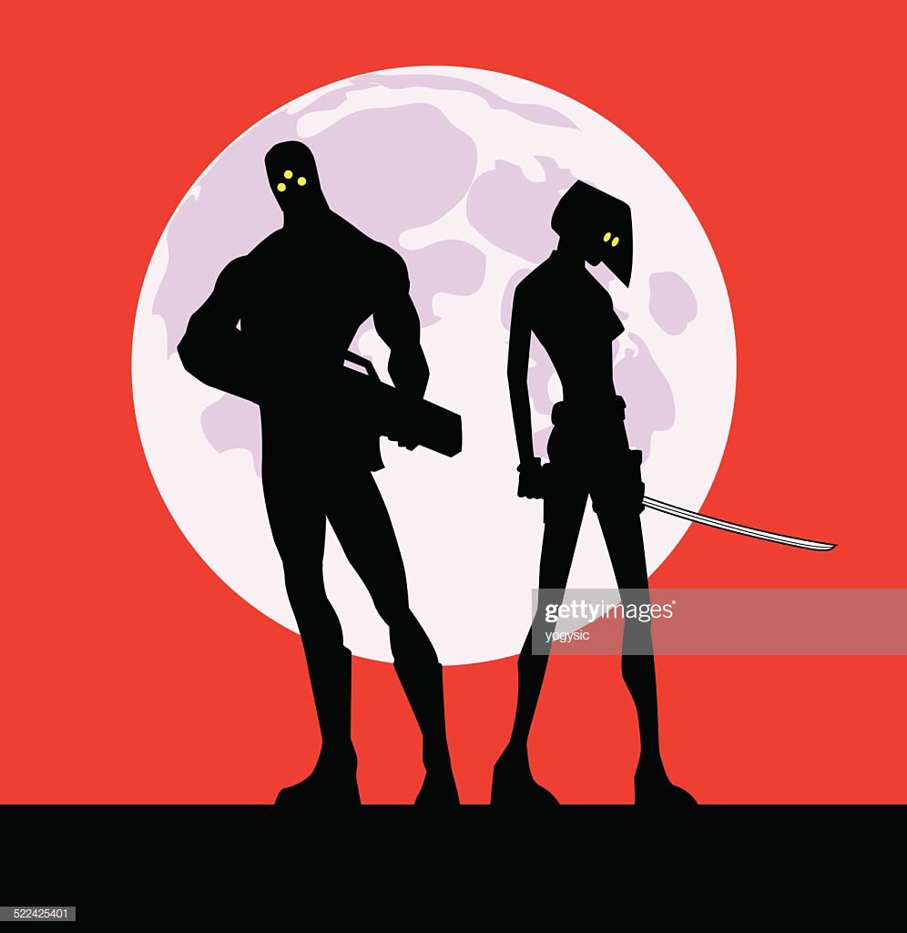 Mercenary Couple Silhouette In Red Background High Res Vector