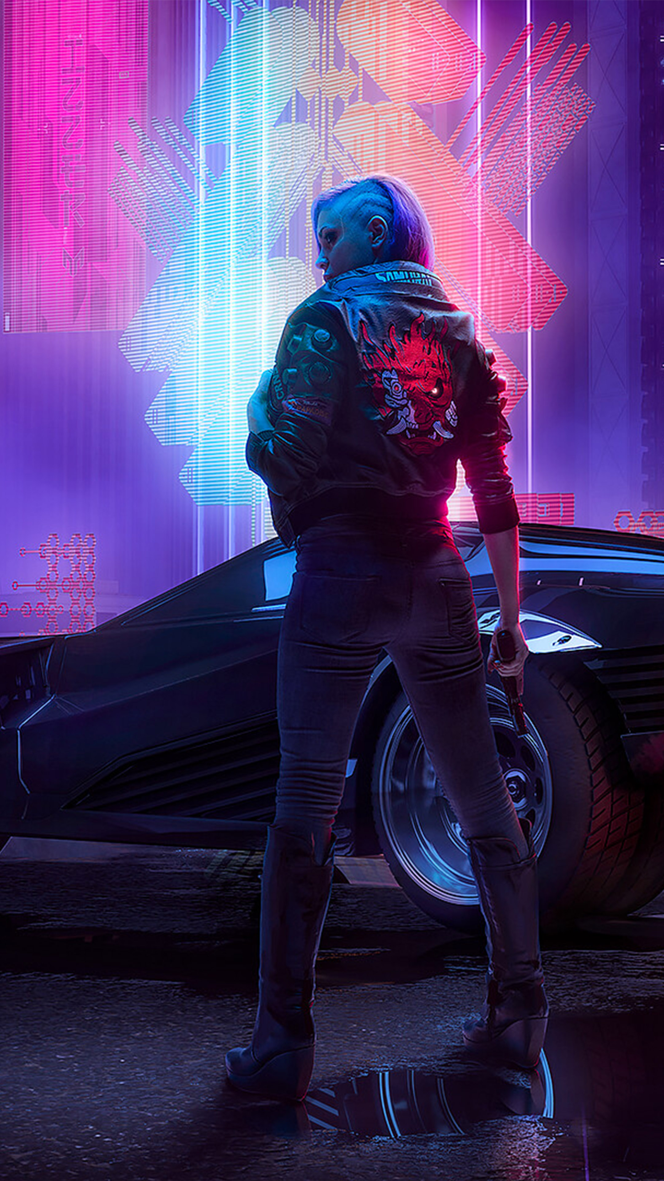 A cyberpunk woman with a vibrant jacket and a pistol stands confidently in a neon-lit cityscape, her reflection shimmering on the wet ground beside a futuristic car