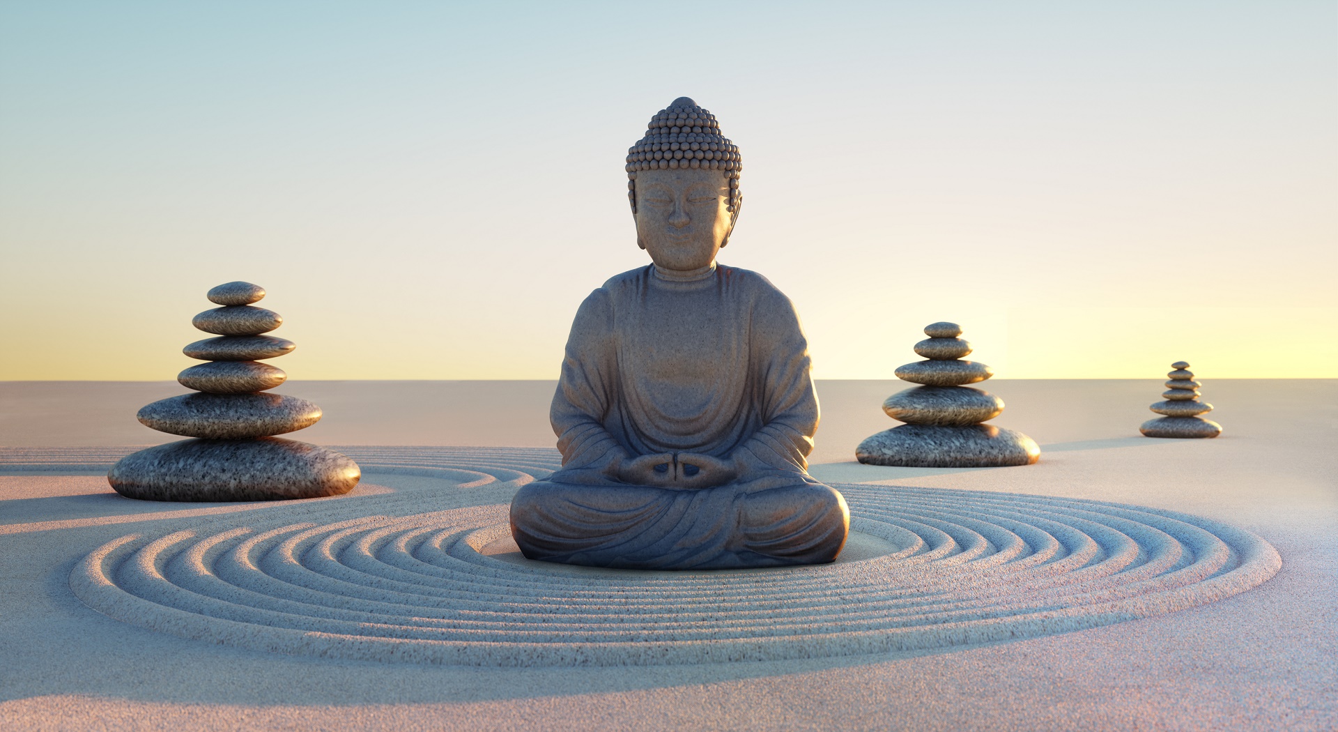 A serene Buddha statue meditates in a zen garden, surrounded by stacked stones and concentric circles in the sand, embodying peace and tranquility