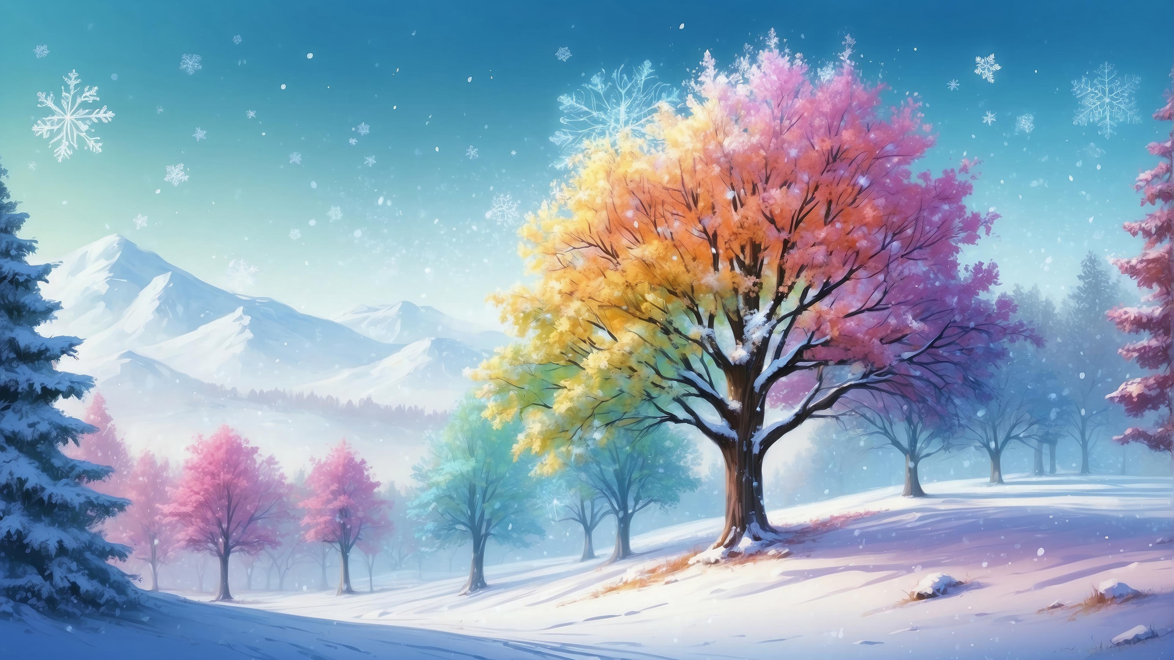 Winter Snow Colorful Tree Scenery 4k Wallpaper iPhone HD Phone 5471n