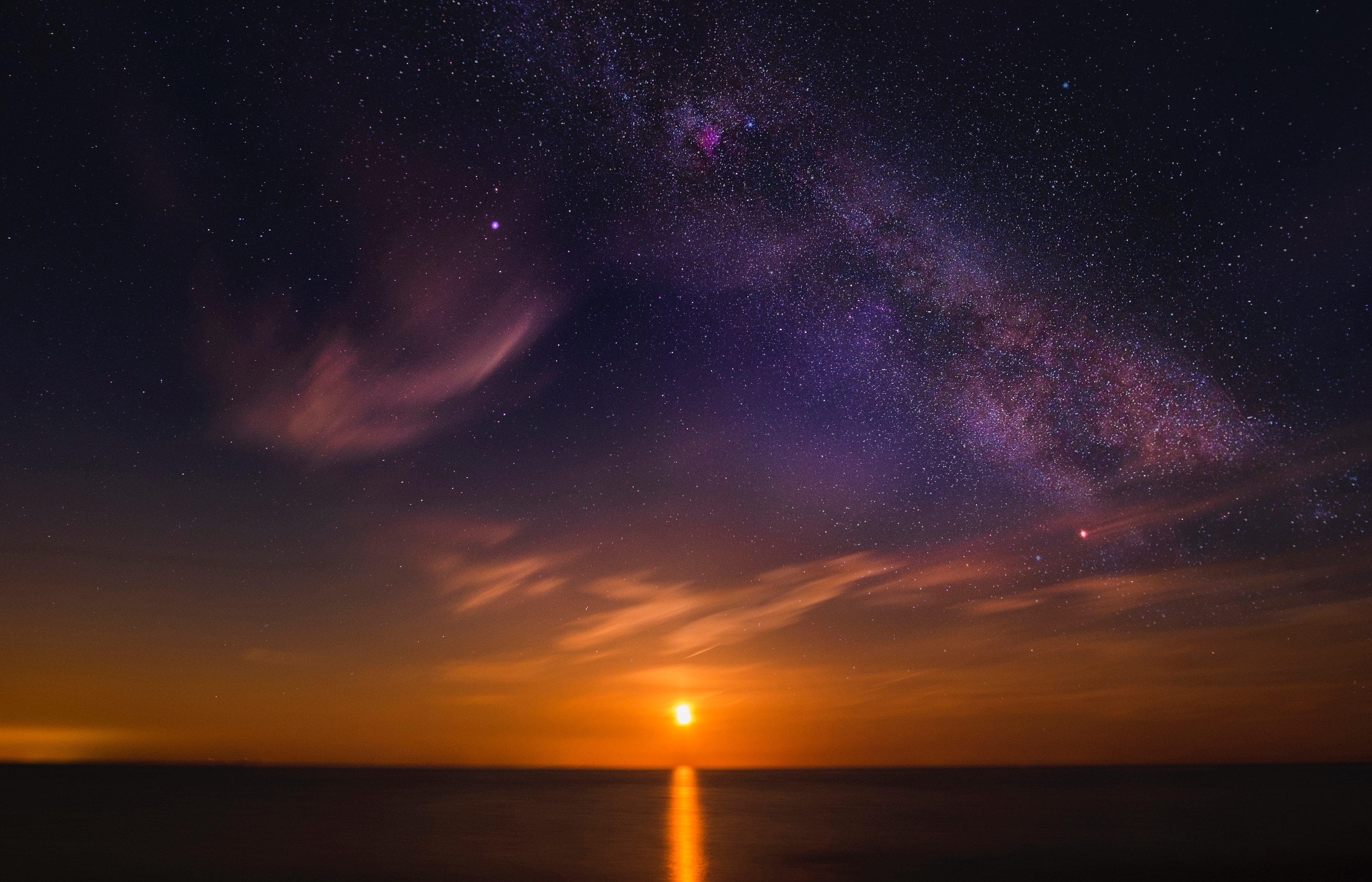 A breathtaking 4K wallpaper of the night sky at sunset, featuring the Milky Way, vibrant colors, and a tranquil ocean