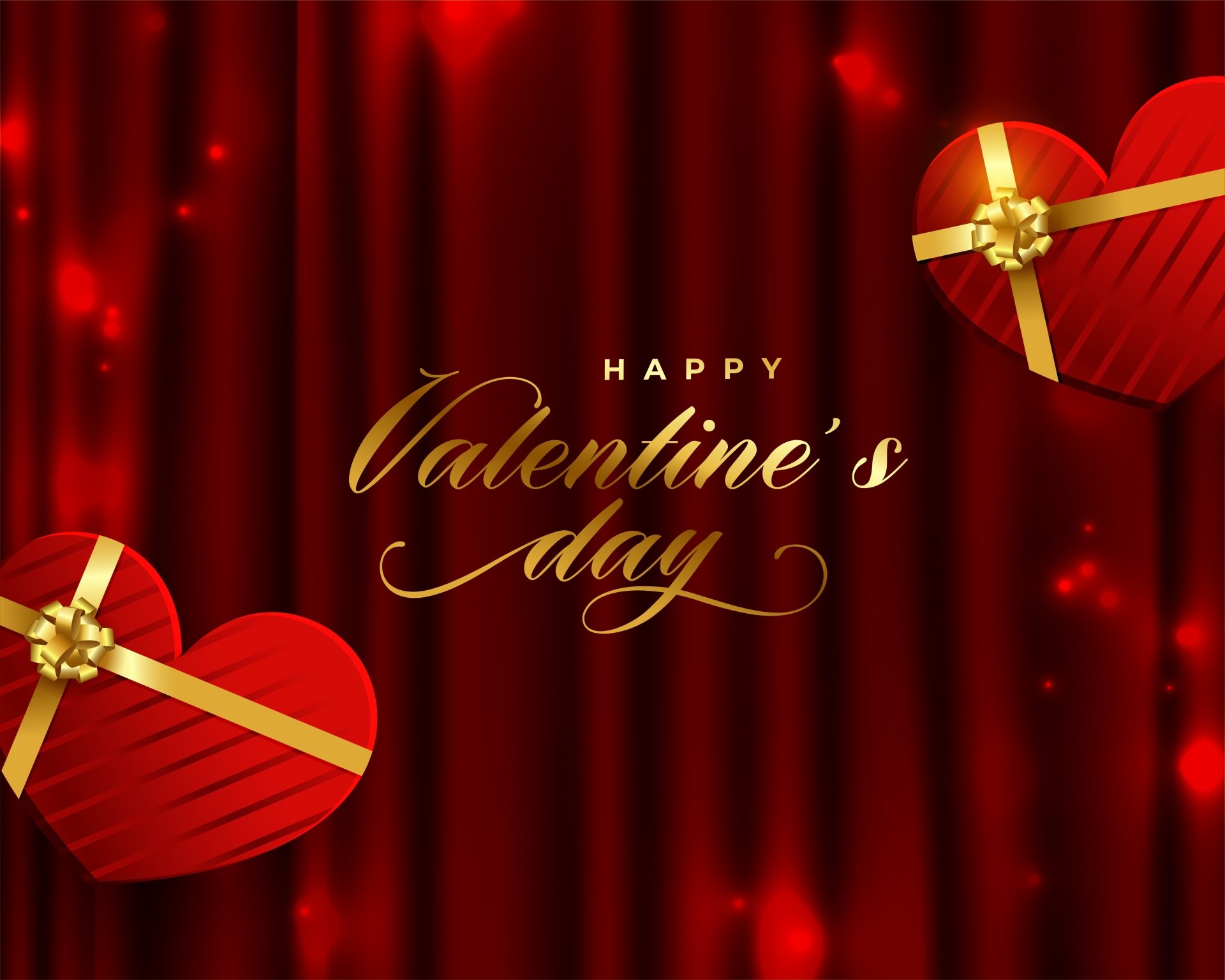 Happy Valentine's Day greeting with red heart-shaped gift boxes on a luxurious red curtain backdrop
