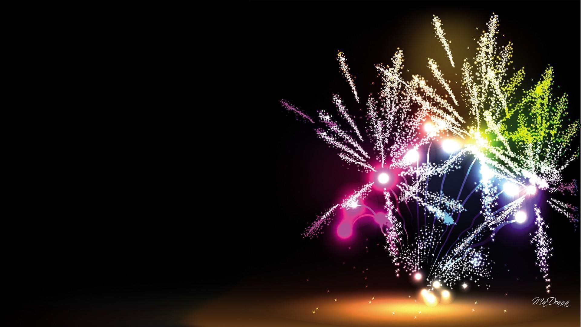 Colorful fireworks exploding against a dark night sky, creating a festive New Year's Eve scene